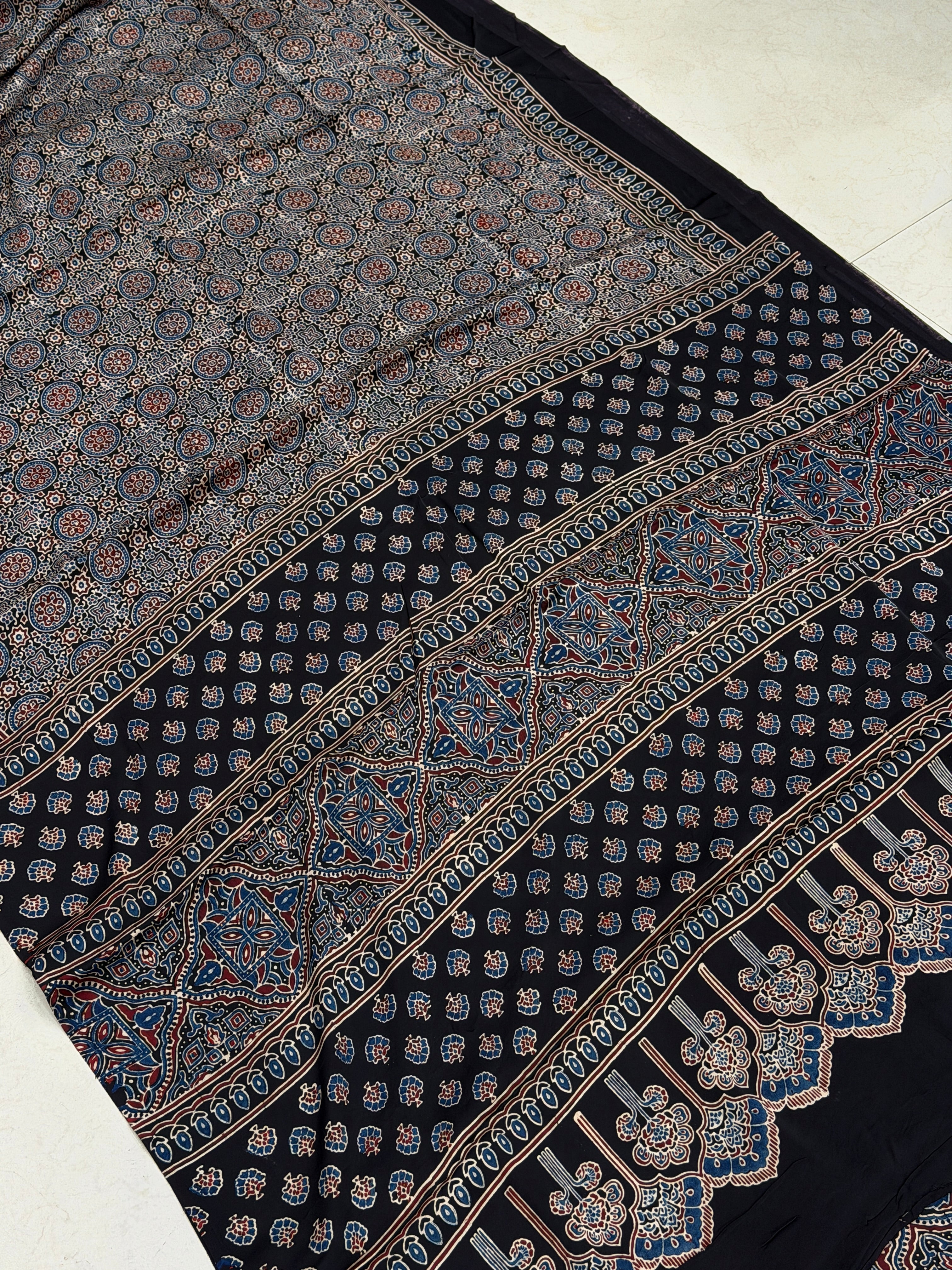 Black Star Chakri Ajrakh Hand Block Print Pure Modal Silk Saree