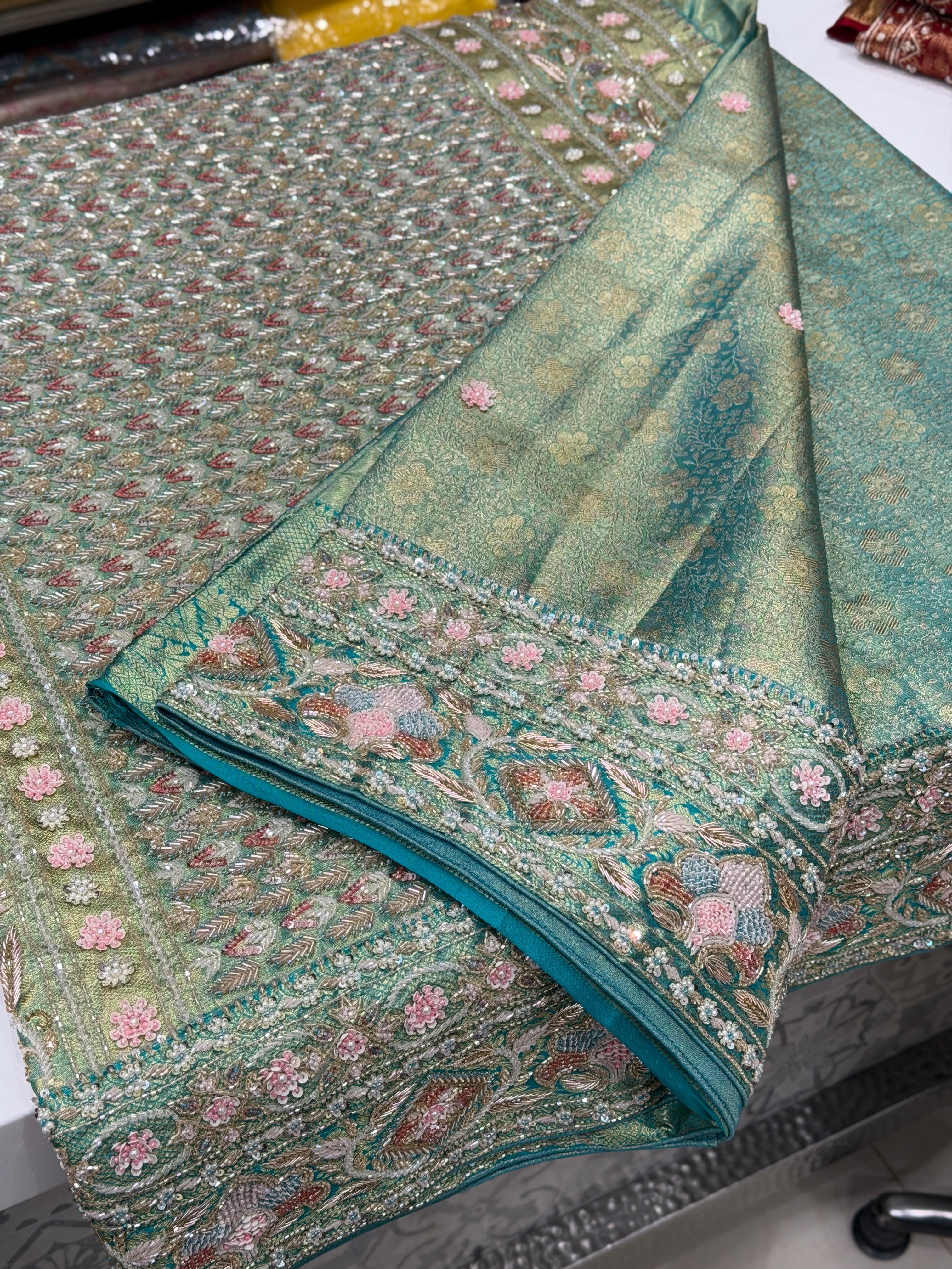 Pista Green Floral Tissue Kanjivaram Hand Embroidery Saree