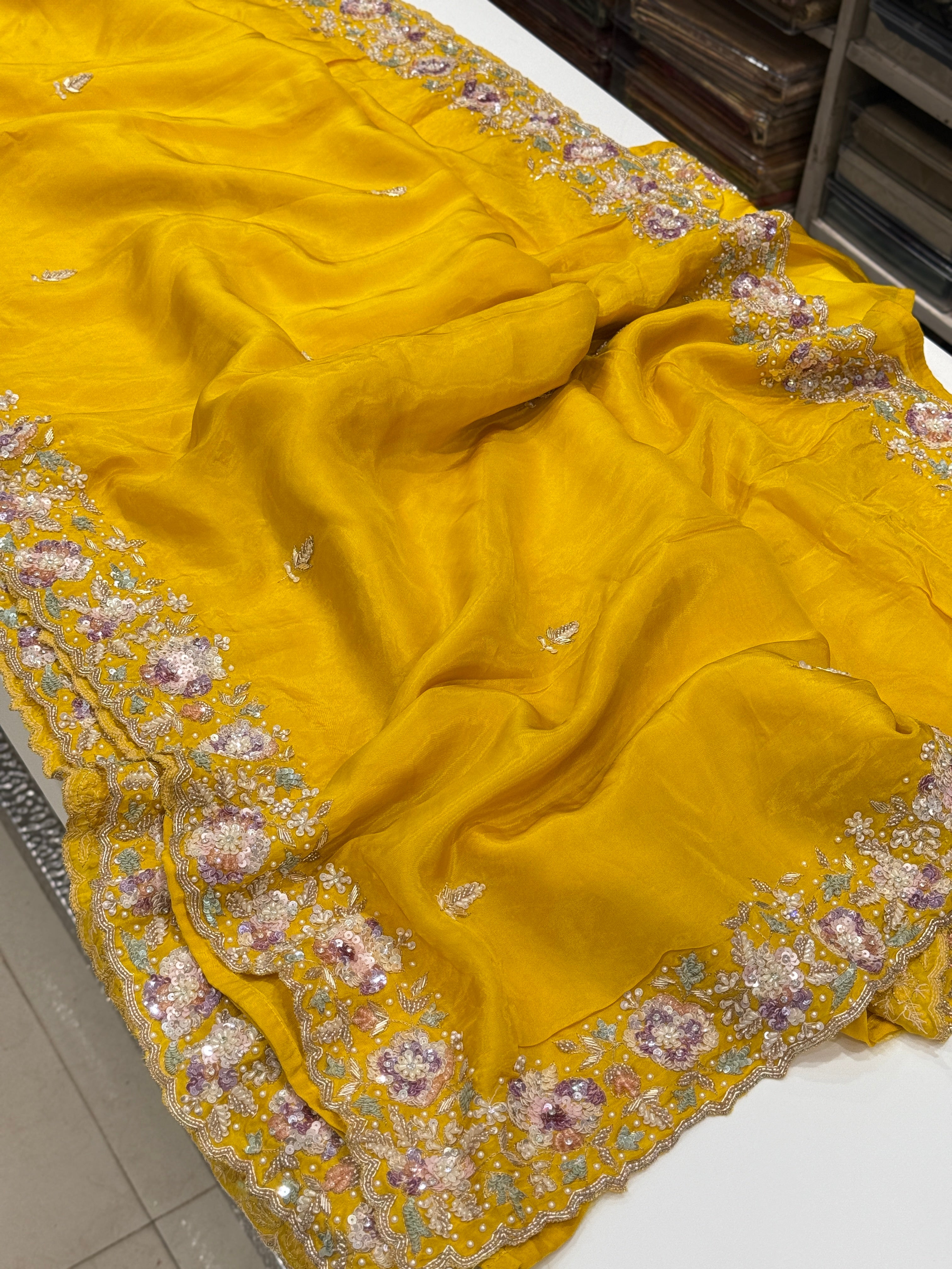 Yellow Soft Silk Zardosi Fancy Hand Embroidery Saree