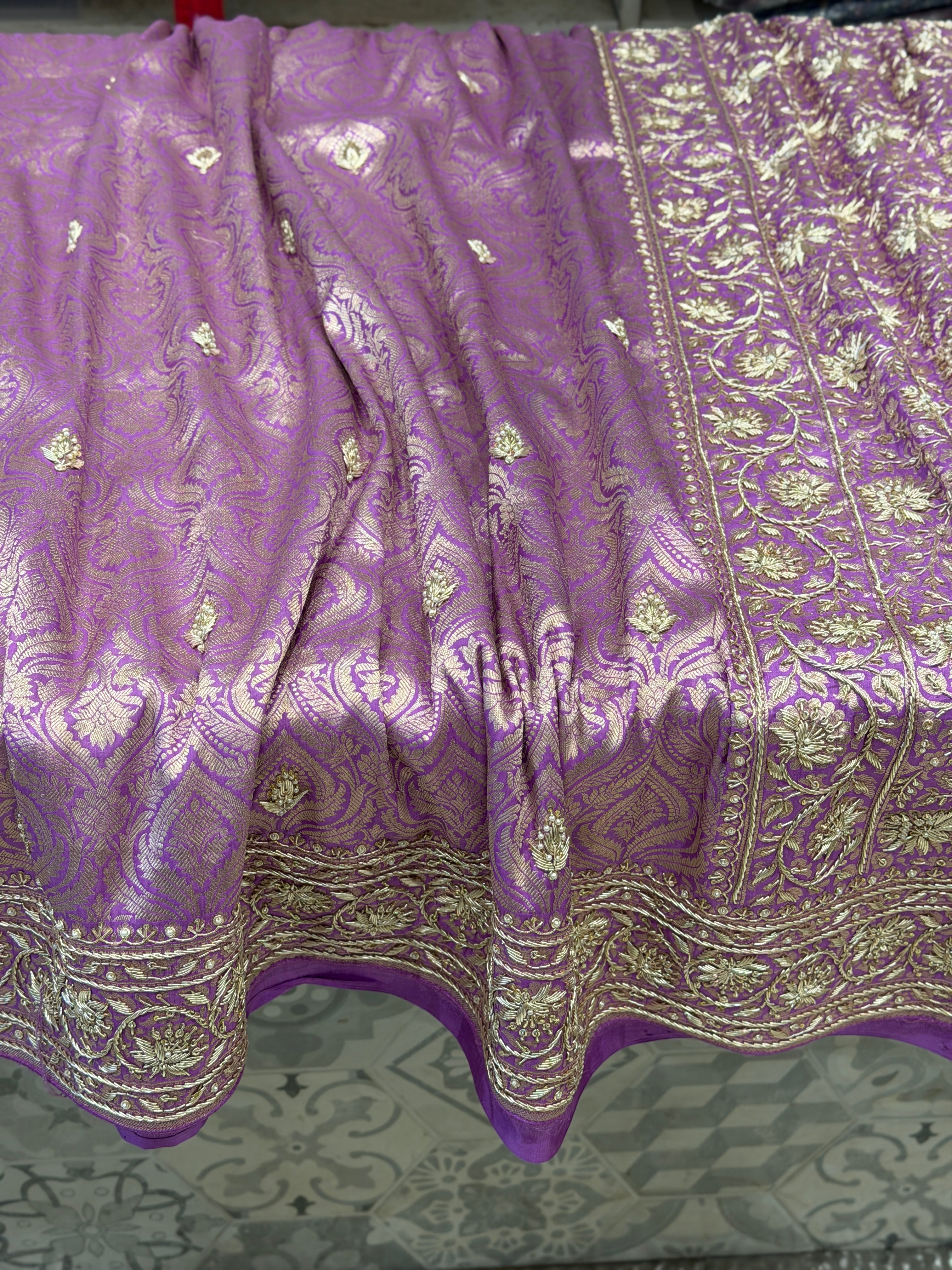 Lilac Brocade Handloom Banarasi Pure Katan Zardosi Embroidery Saree