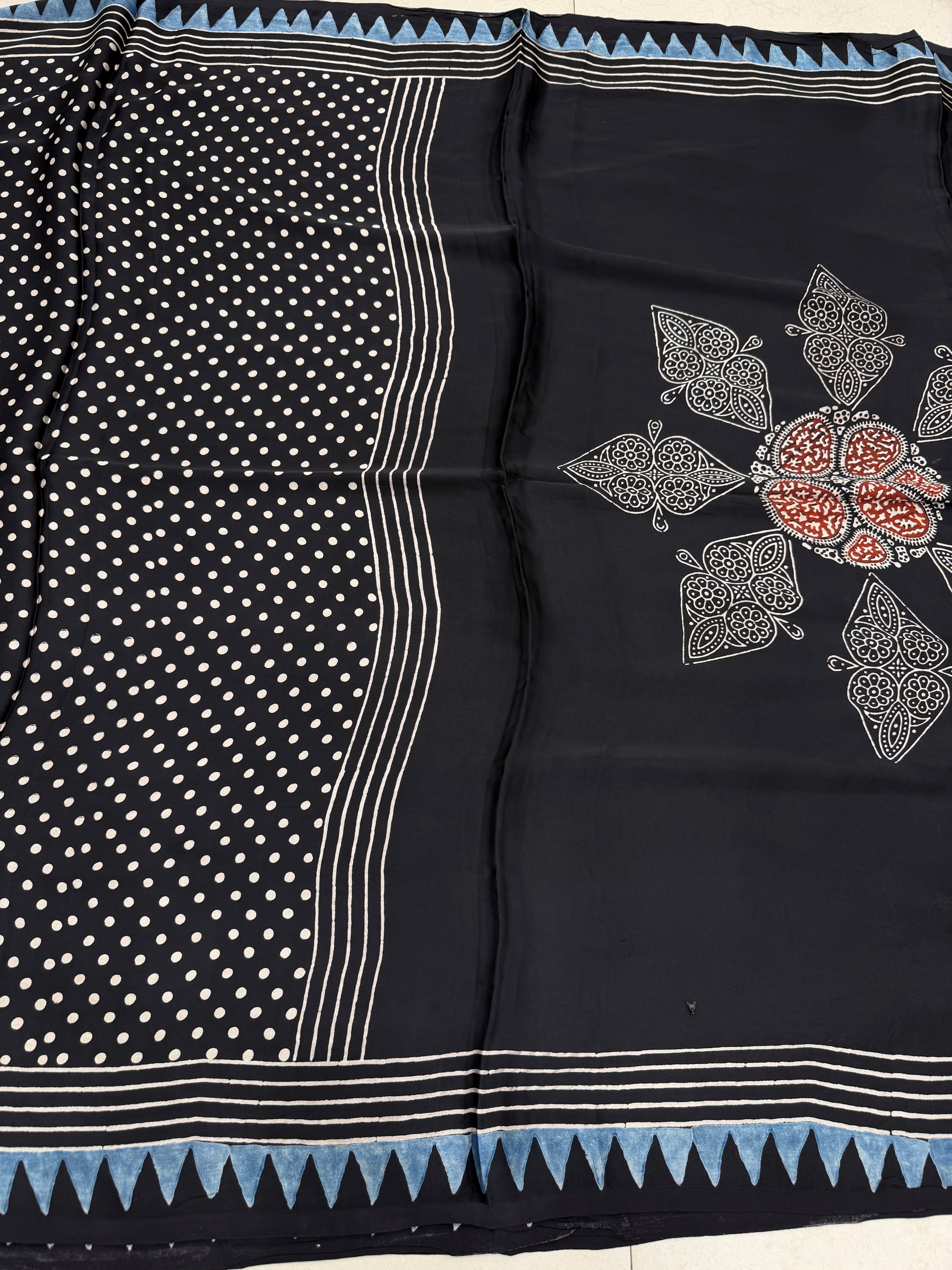 Black Polka Dots Ajrakh Hand Block Print Pure Gajji Silk Saree