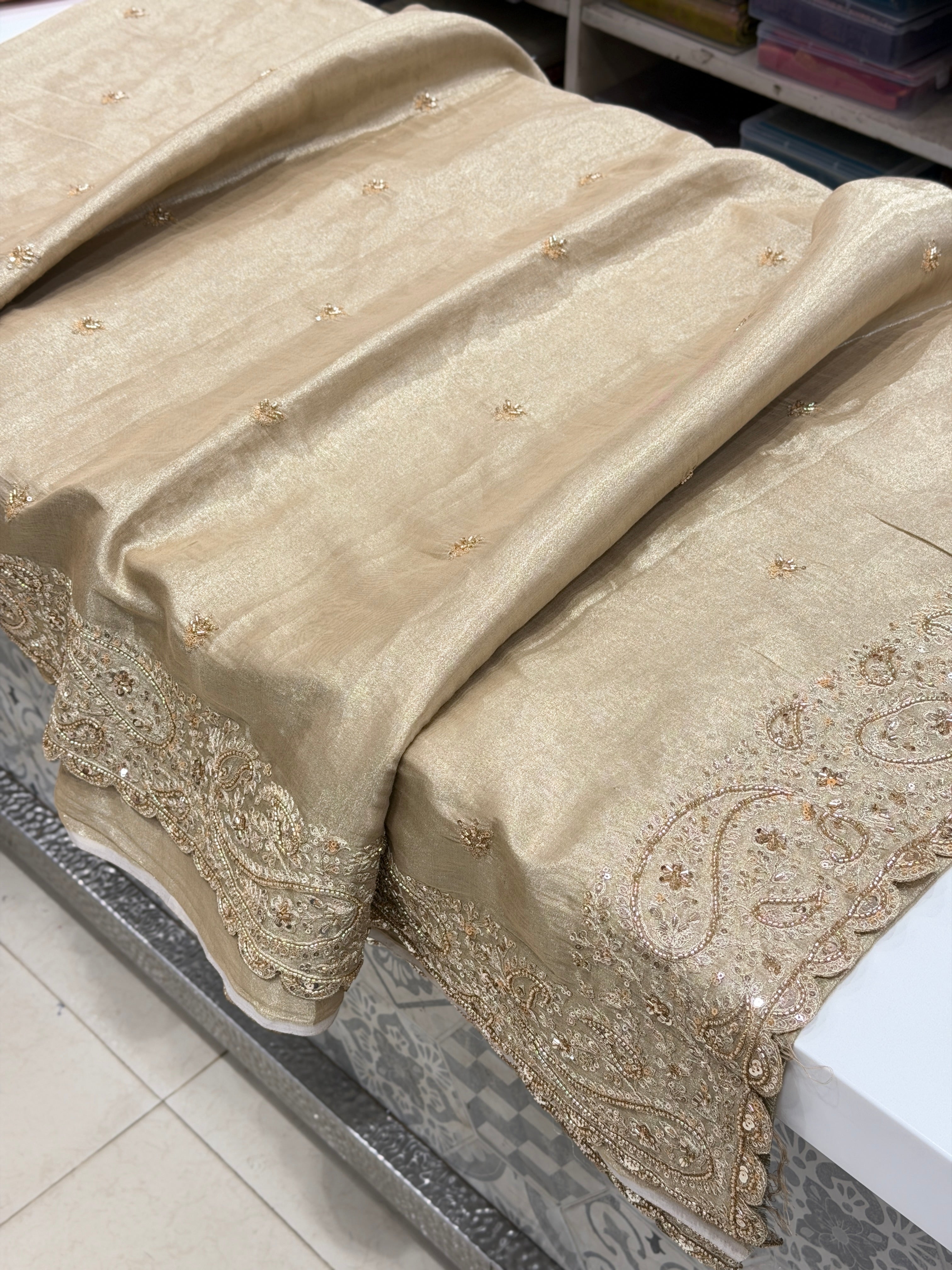 Light Golden Tissue Cutdana Moti Embroidery Saree