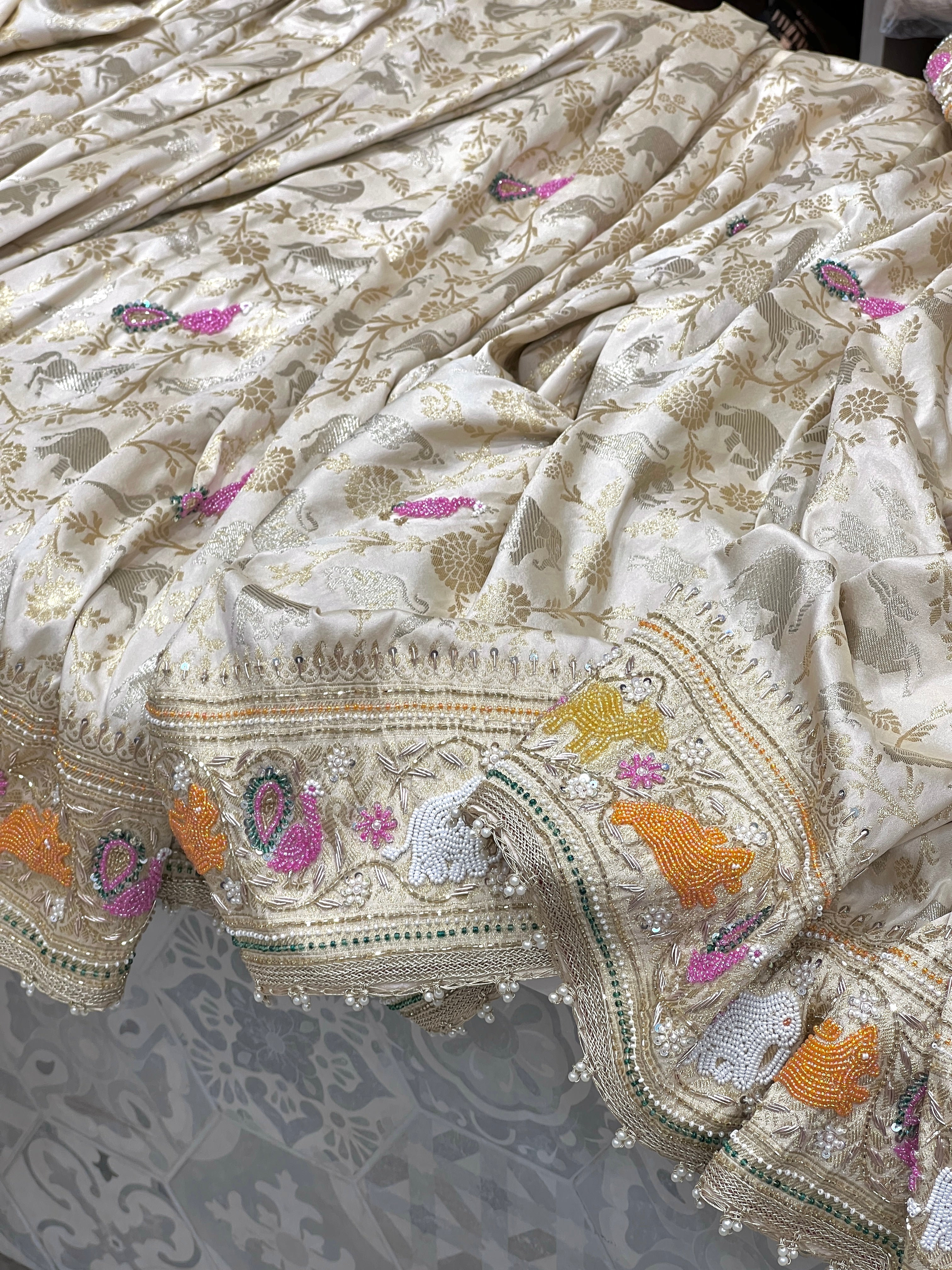 Off White Shikara Fancy Hand Embroidery Saree