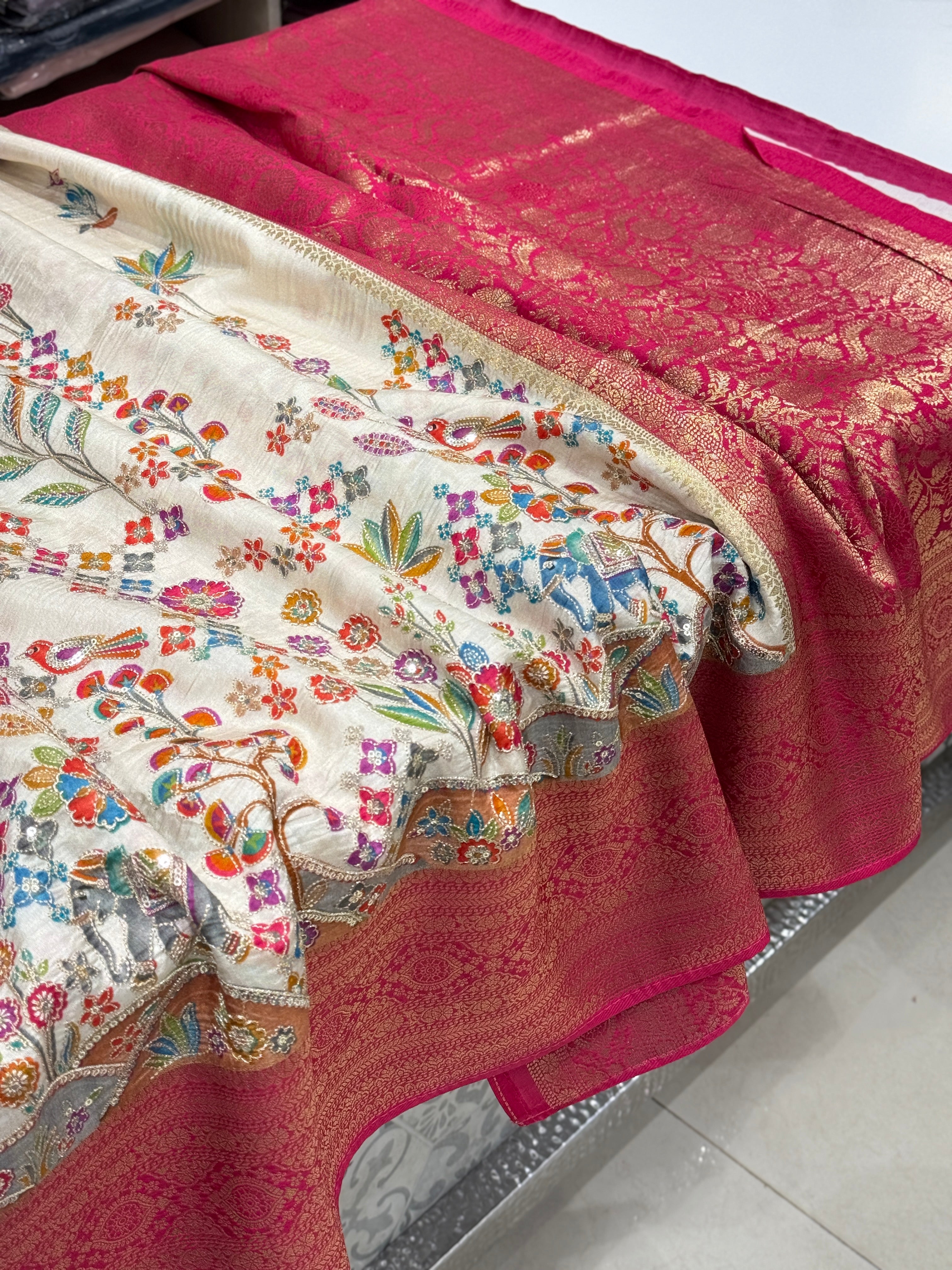 Beige Banarasi Munga With Pita Embroidery