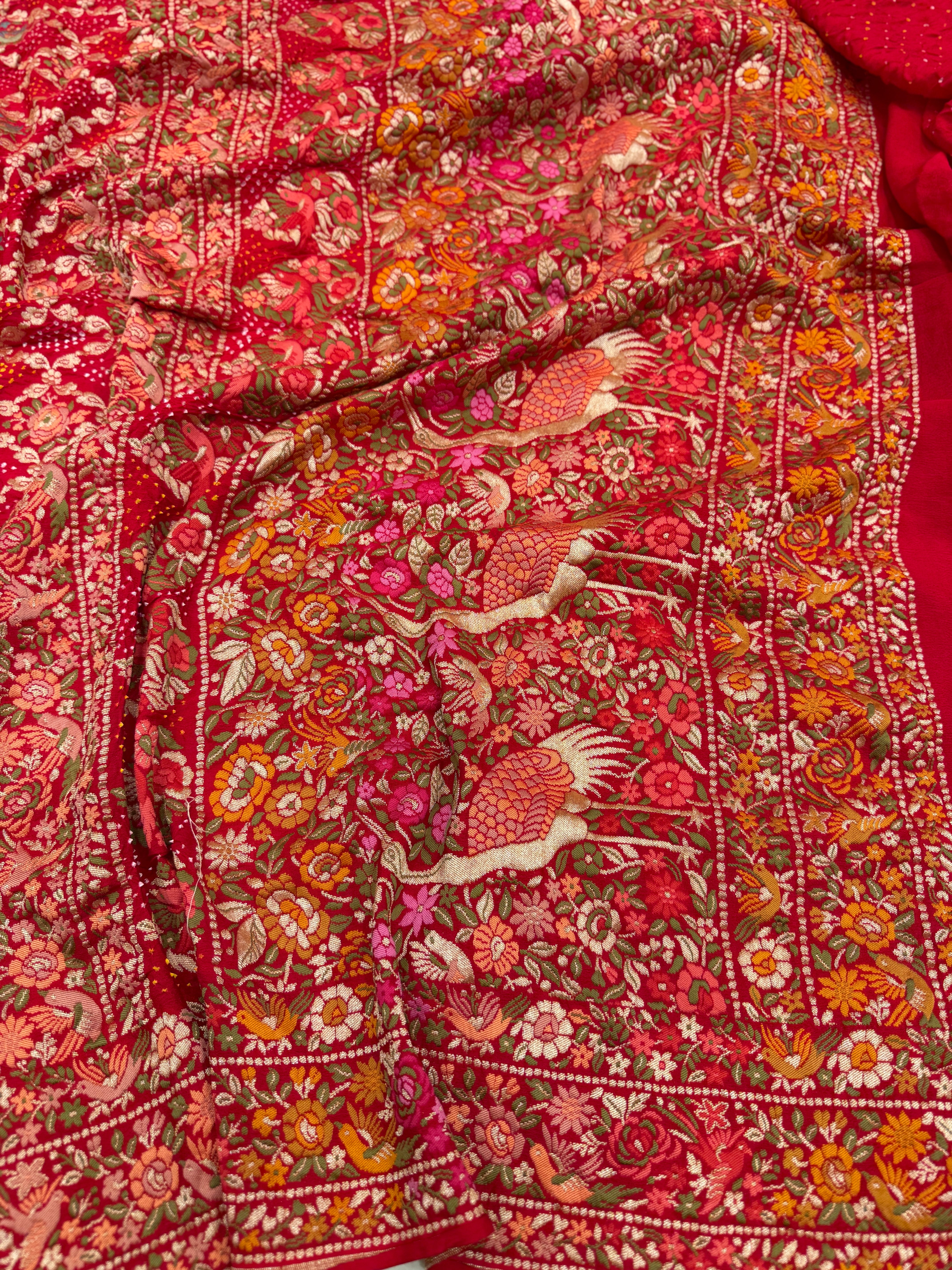 Red Parsi Gara Weaved Rani Bandhej Saree