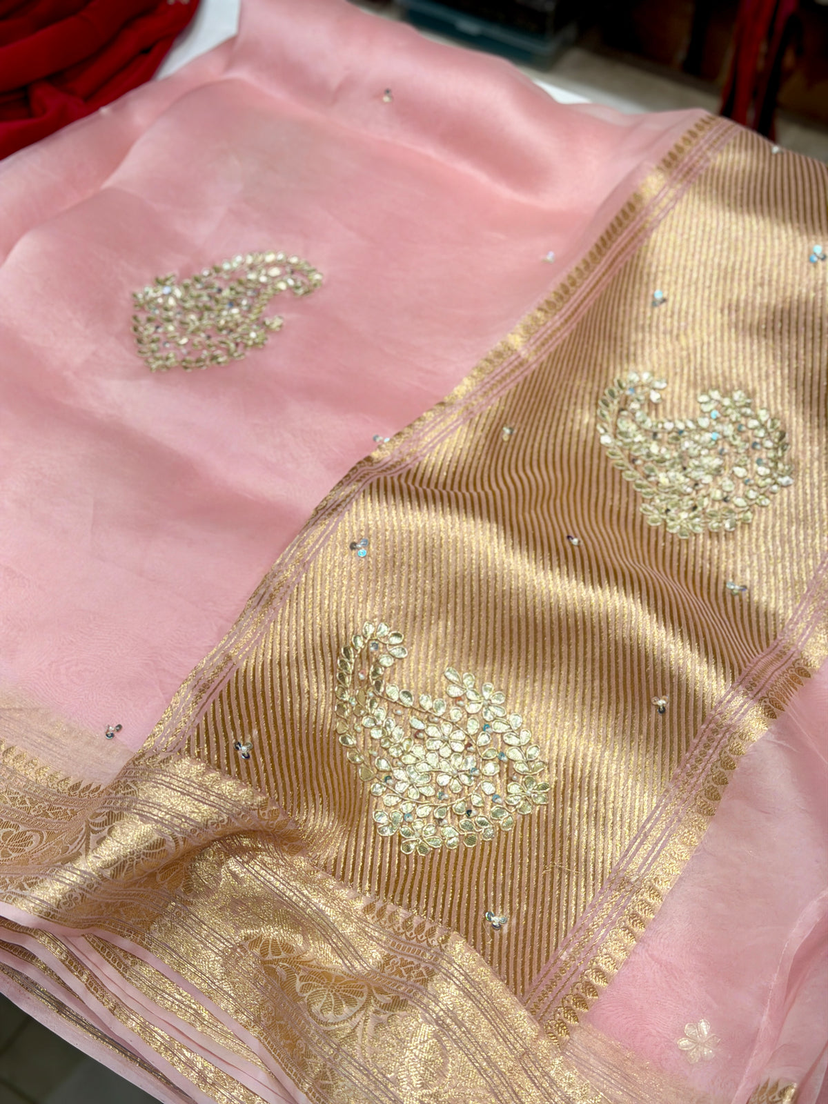 Pink Banarasi Kora Hand Embroidery Gotapatti Butta Saree