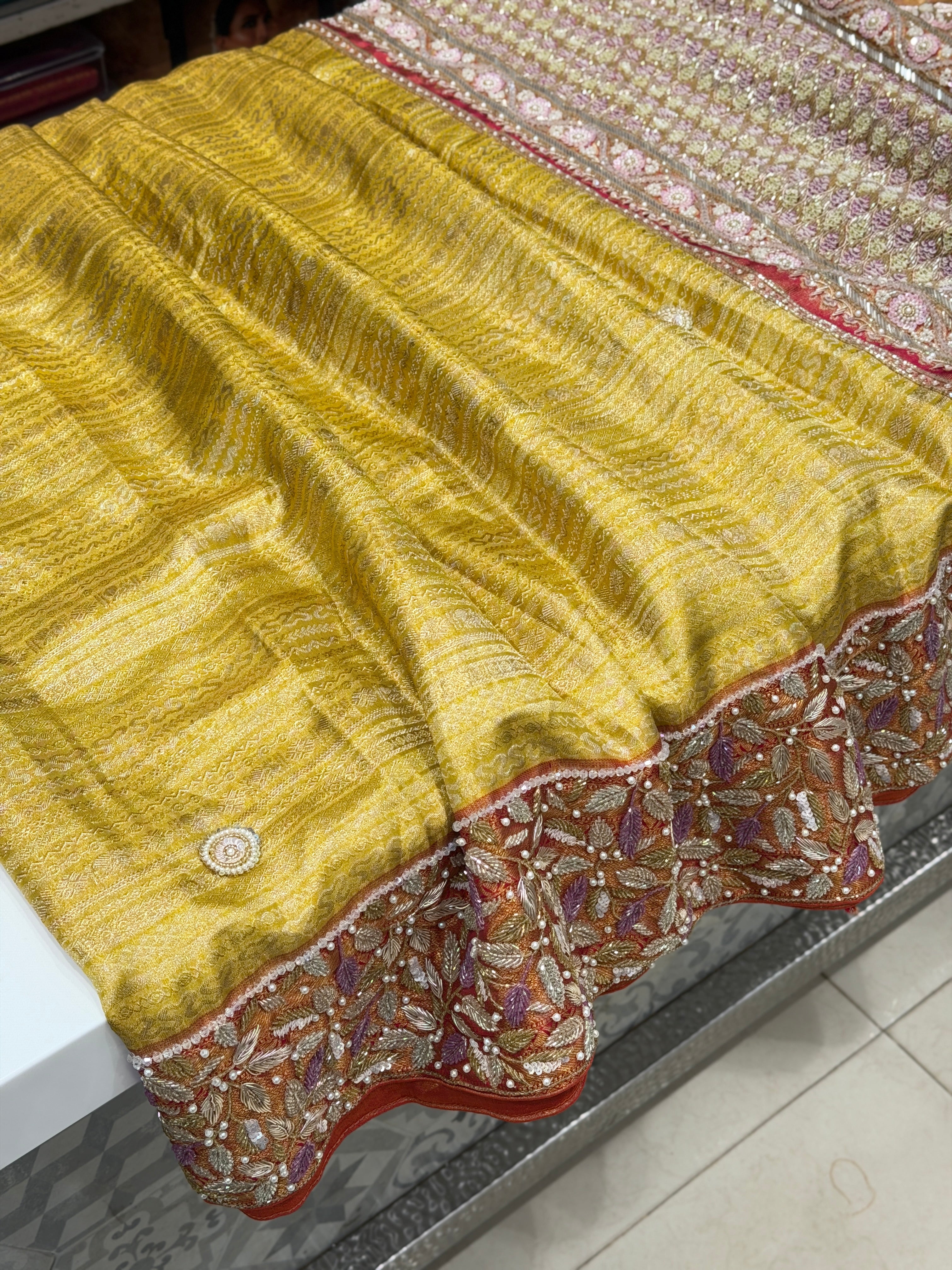 Lime Crimson Kanjivaram Contemporary Moti Zardosi Hand Embroidery Saree