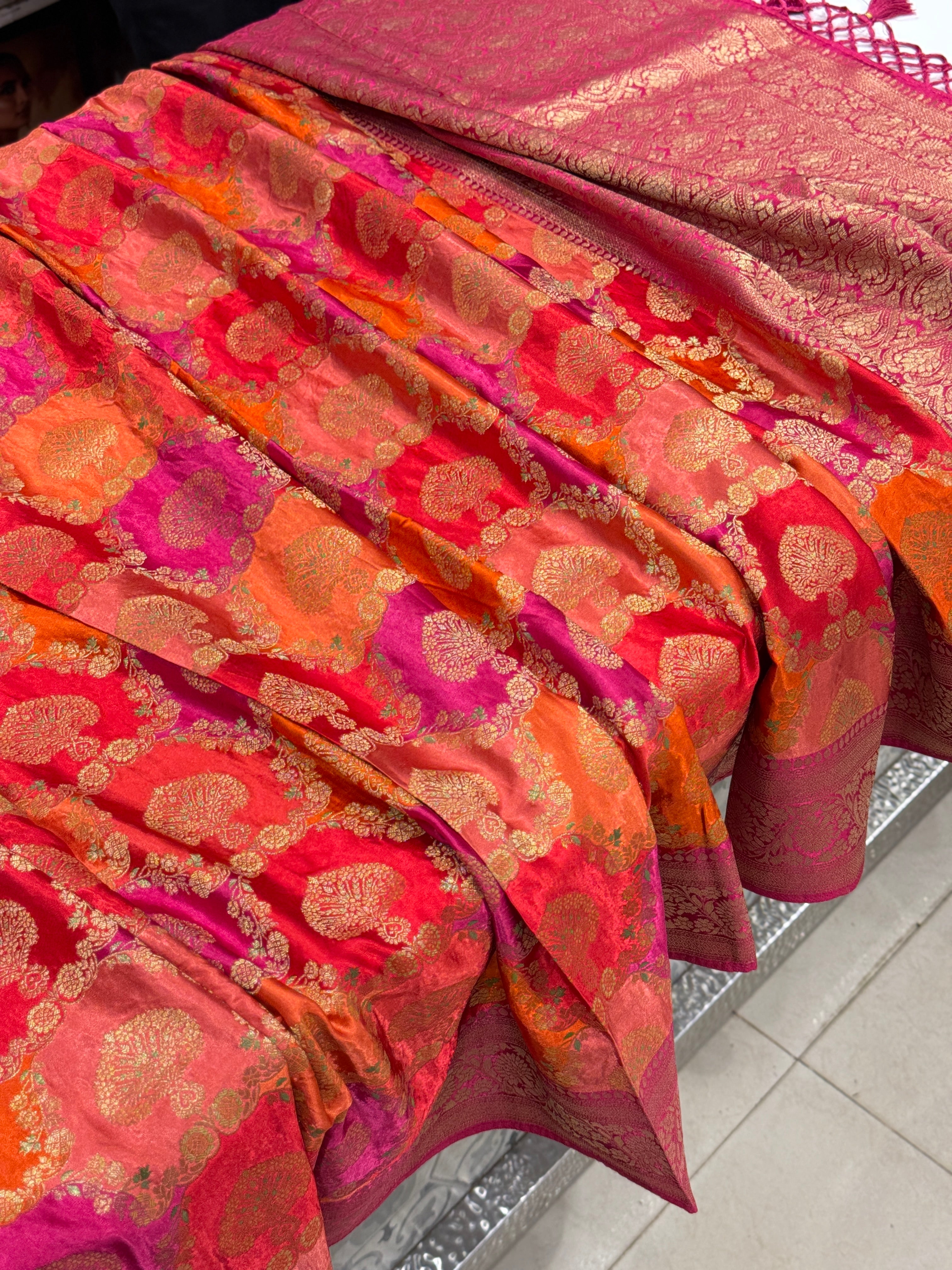 Orange Rani Butta Banarasi Modal Satin Rangkat Saree