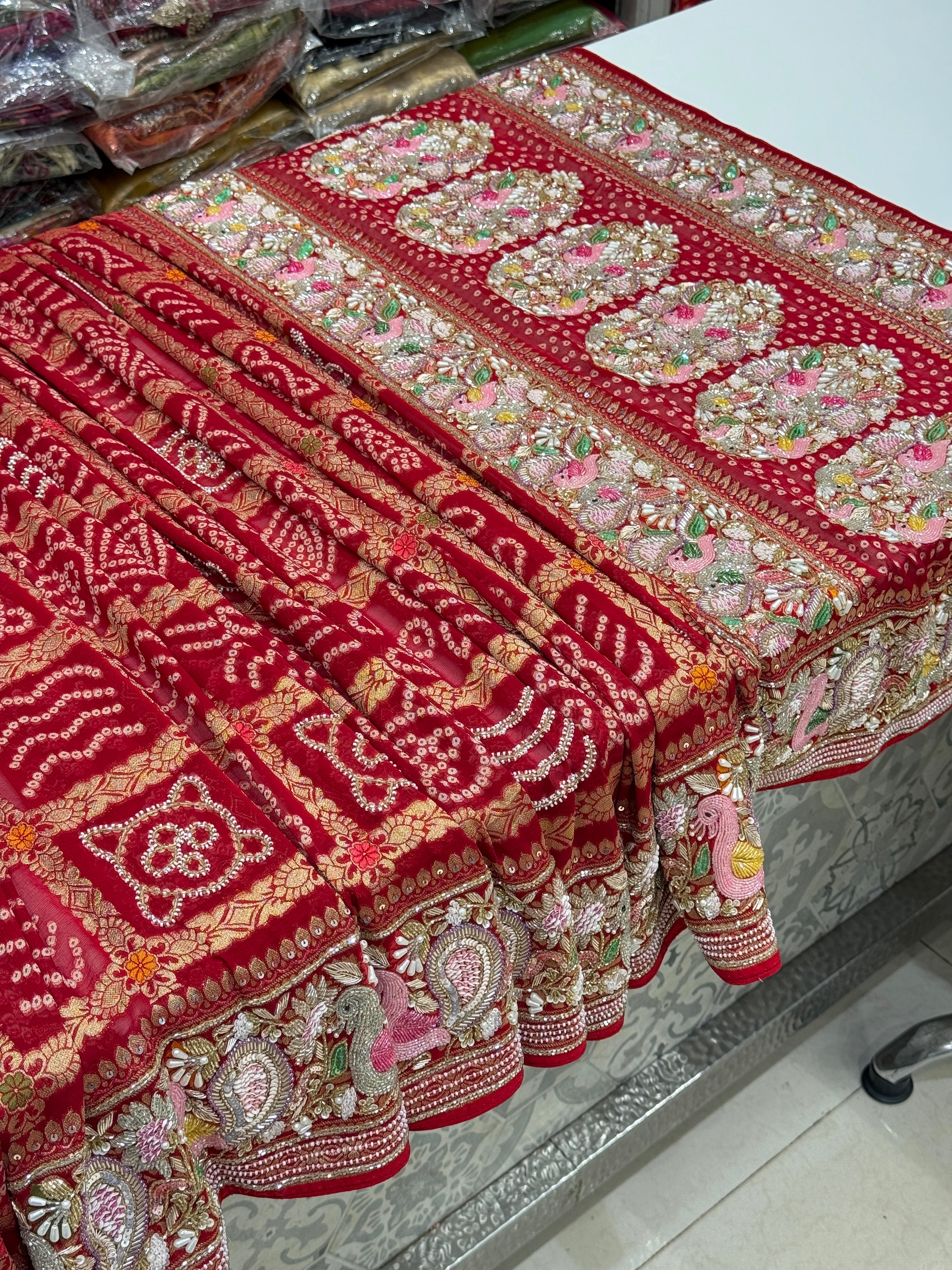 Red Gharchola Moti Sequin Zardosi Hand Embroidery Georgette Saree