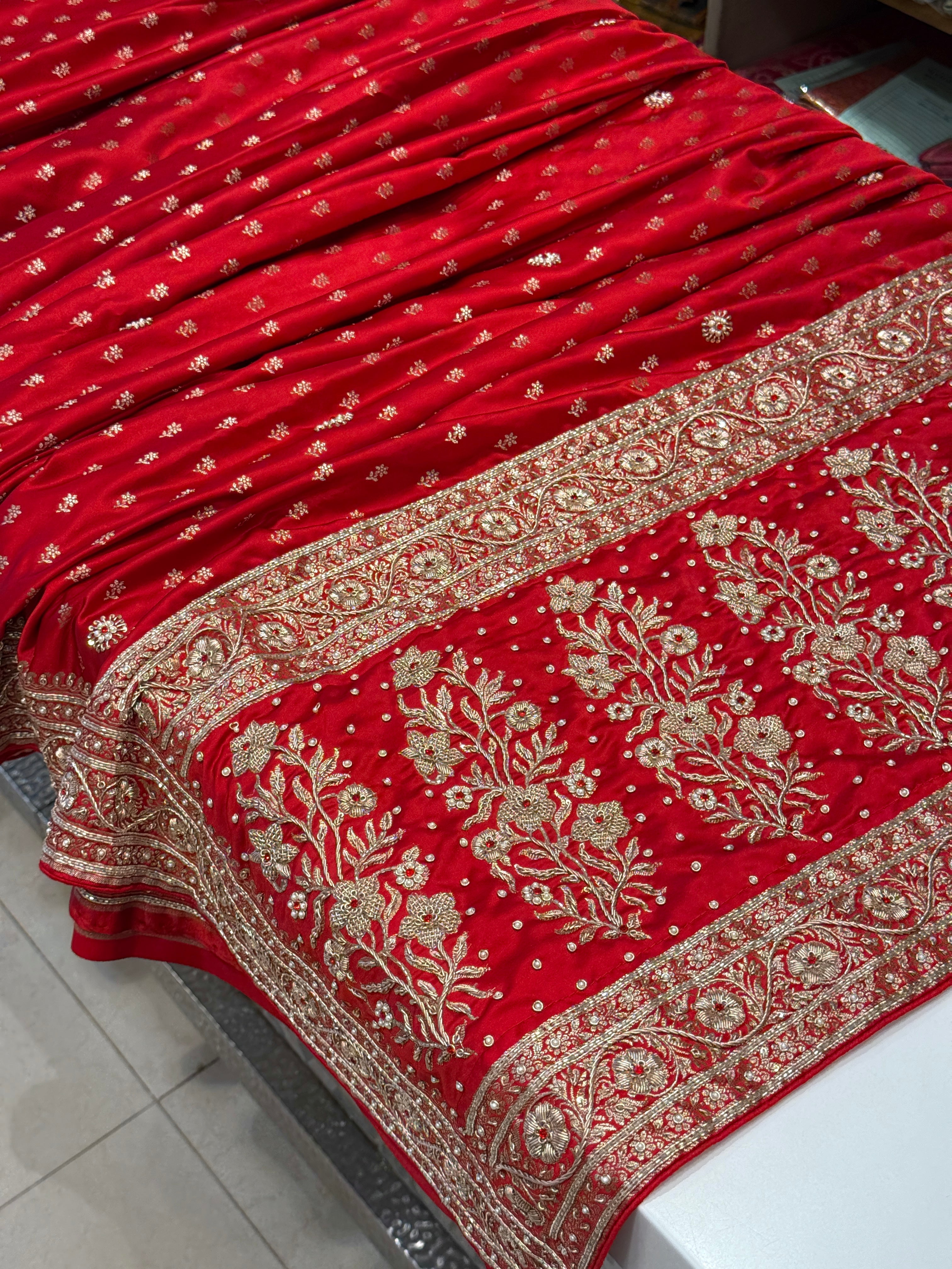 Red Banarasi Silk Small Butti Crystal Zardozi Hand Embroidery Saree