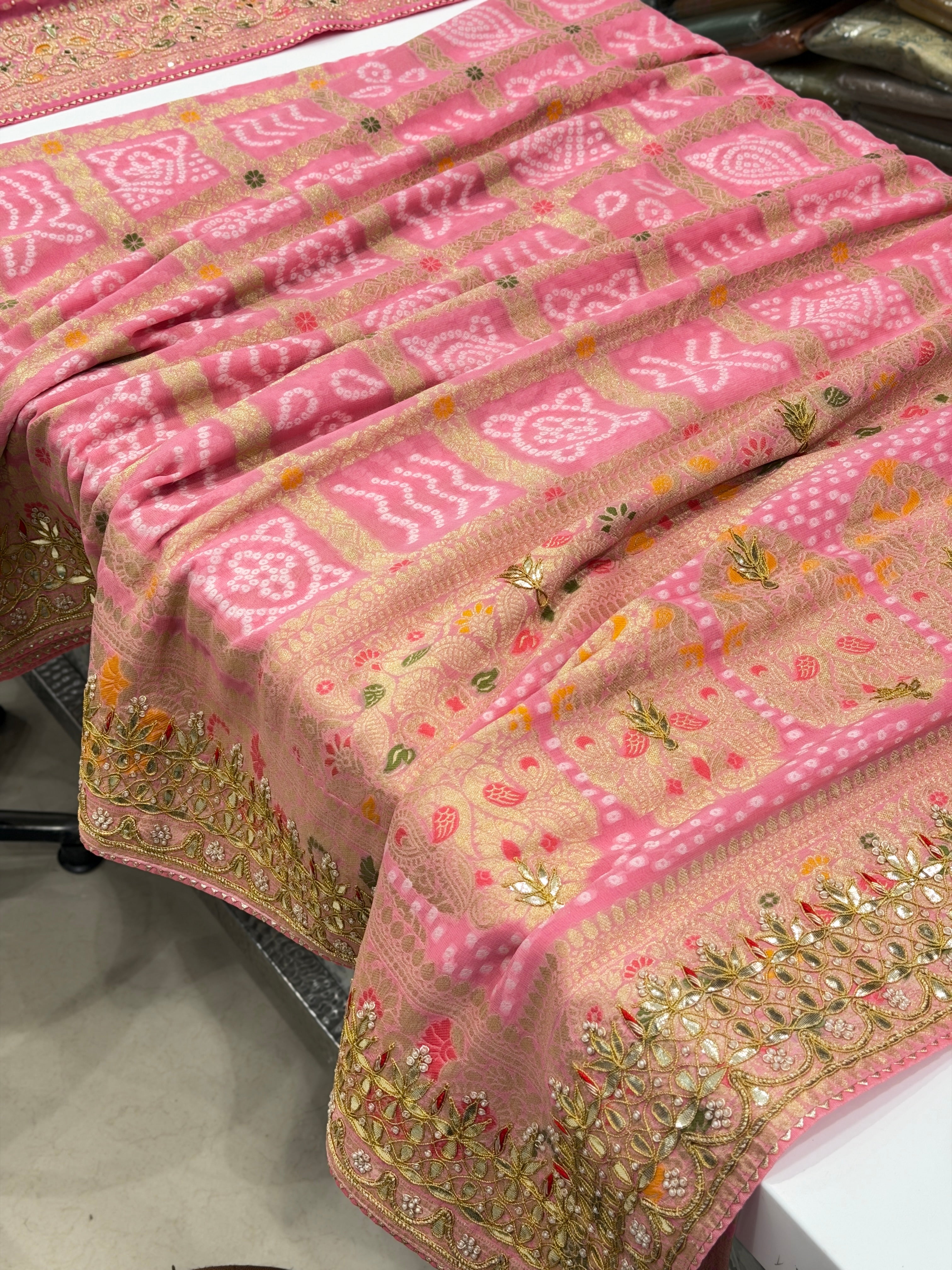 Pink Gharchola Gotapatti Marodi Hand Embroidery Georgette Saree
