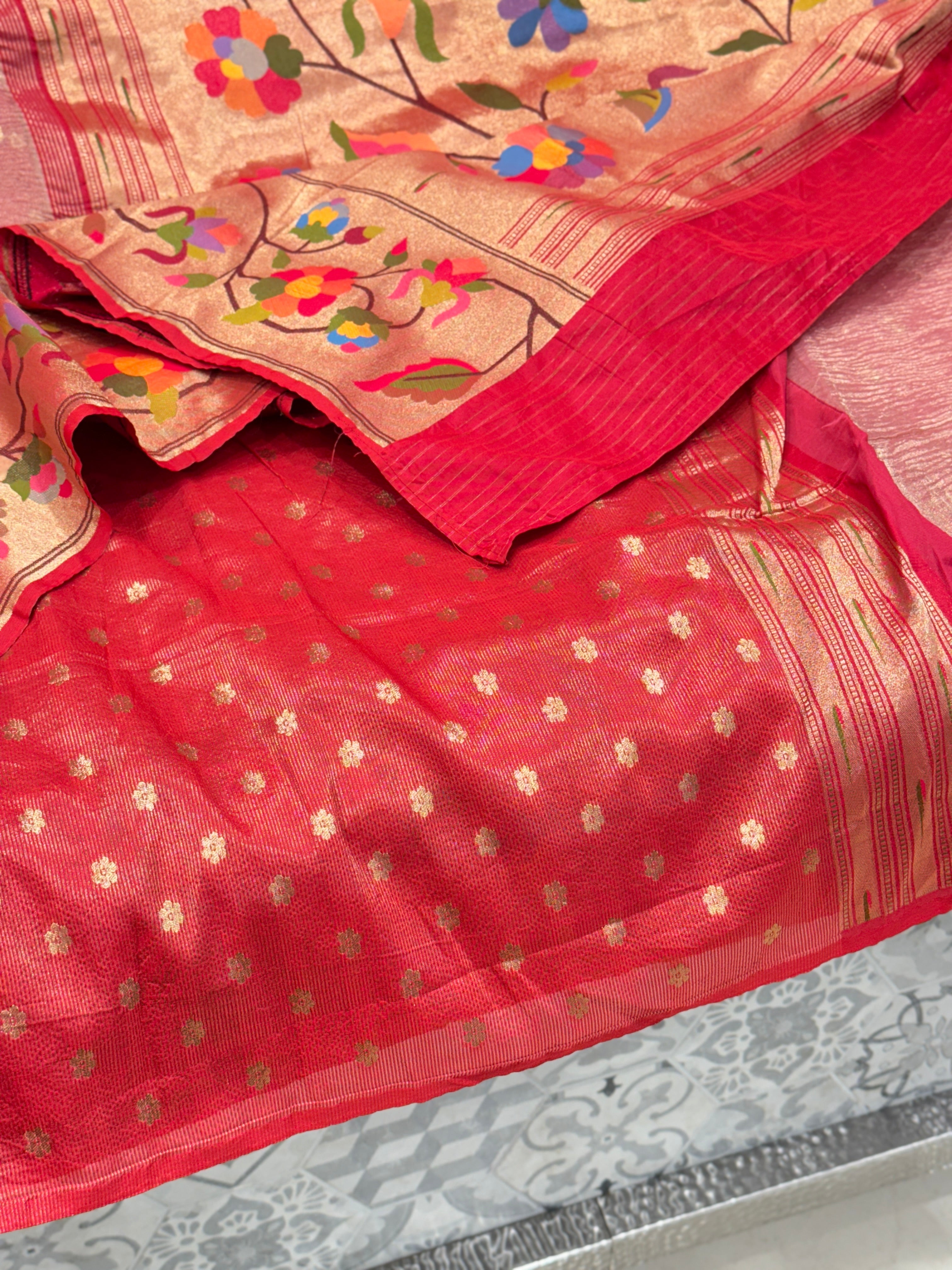 Crimson Crushed Tissue Flower Paithani Saree