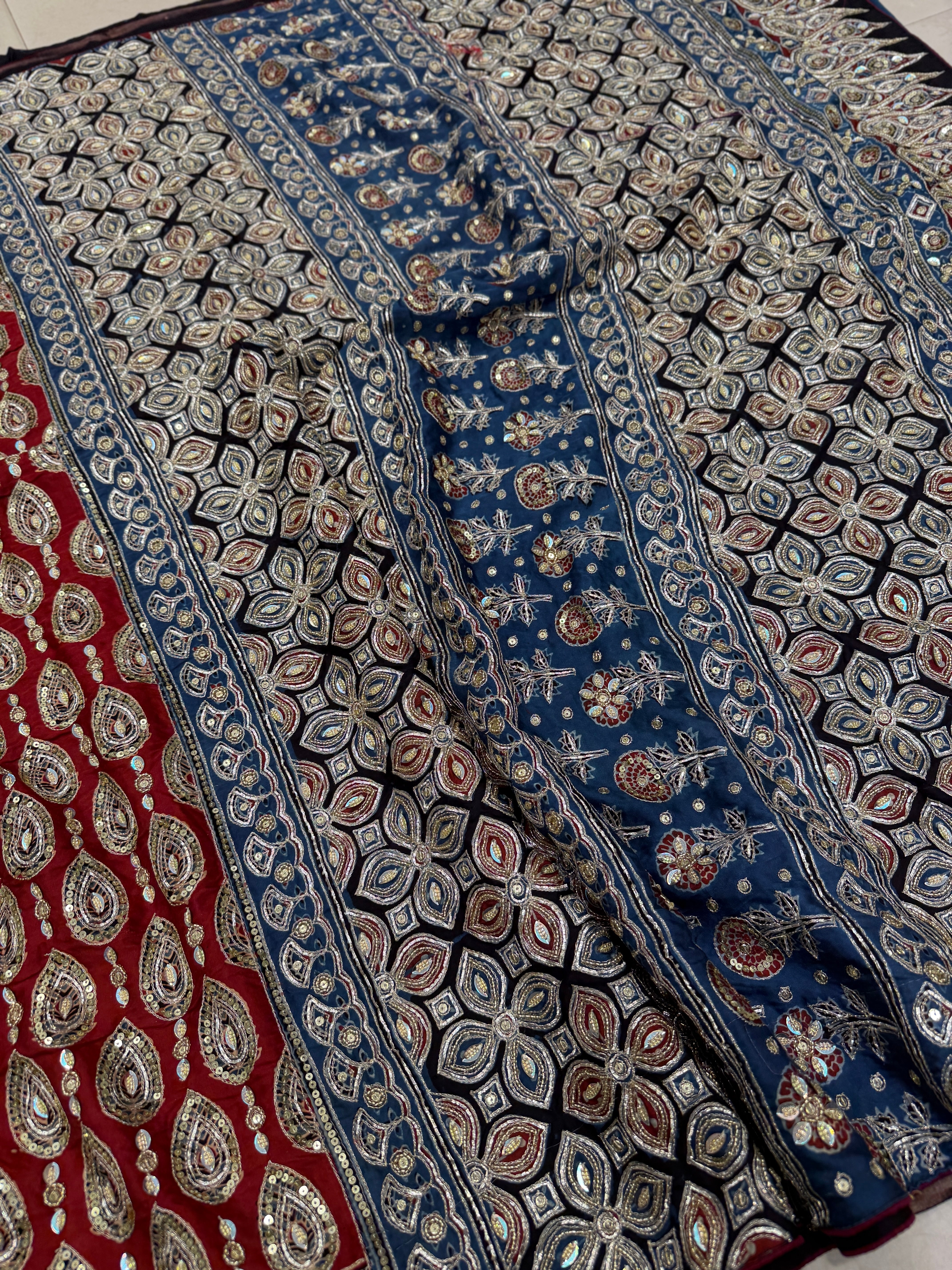 Red Keri Buttas Pita Zardosi Sequin Ajrakh Hand Embroidery Saree