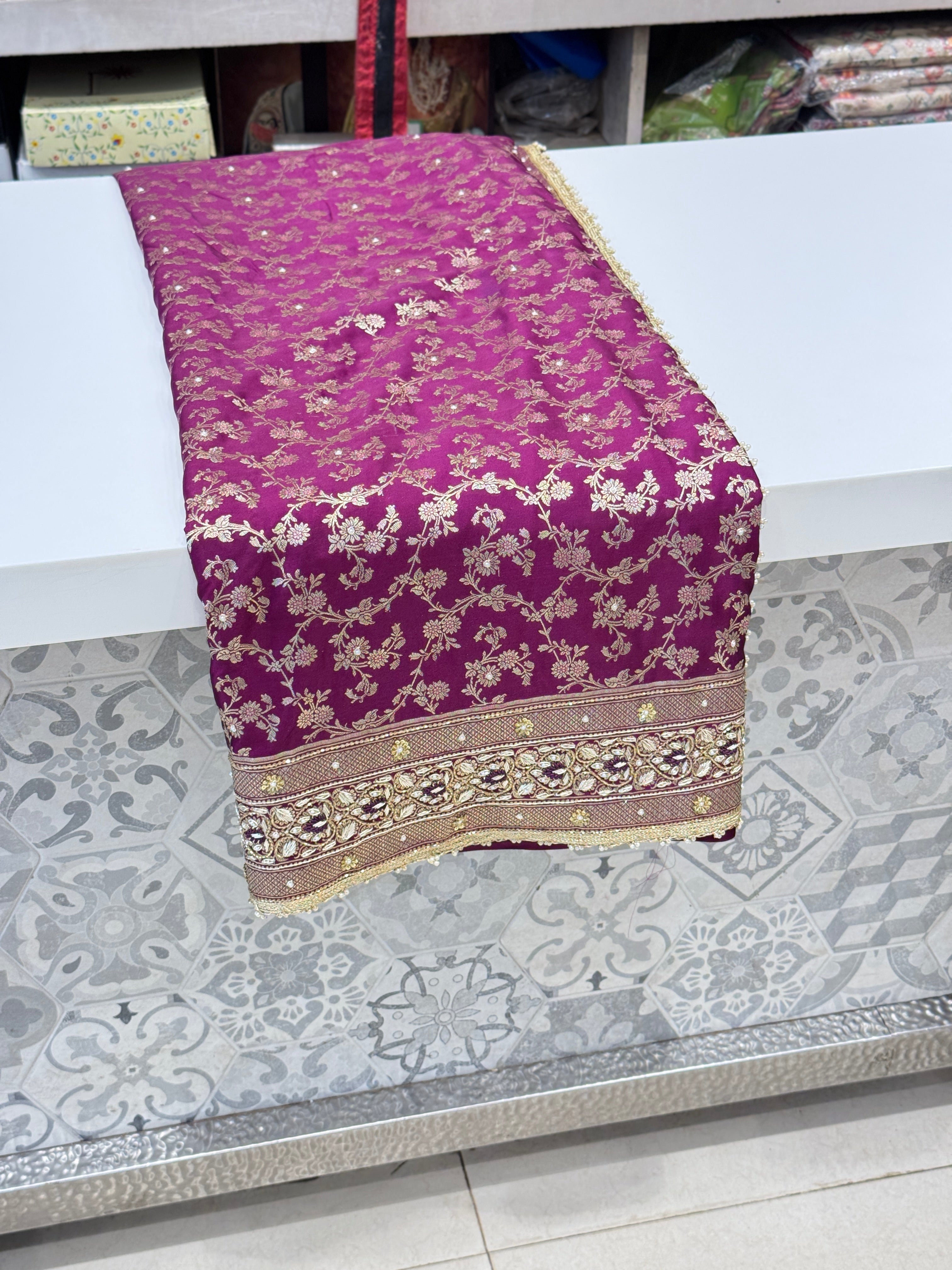 Wine Banarasi Zardosi Resham Embroidery Saree