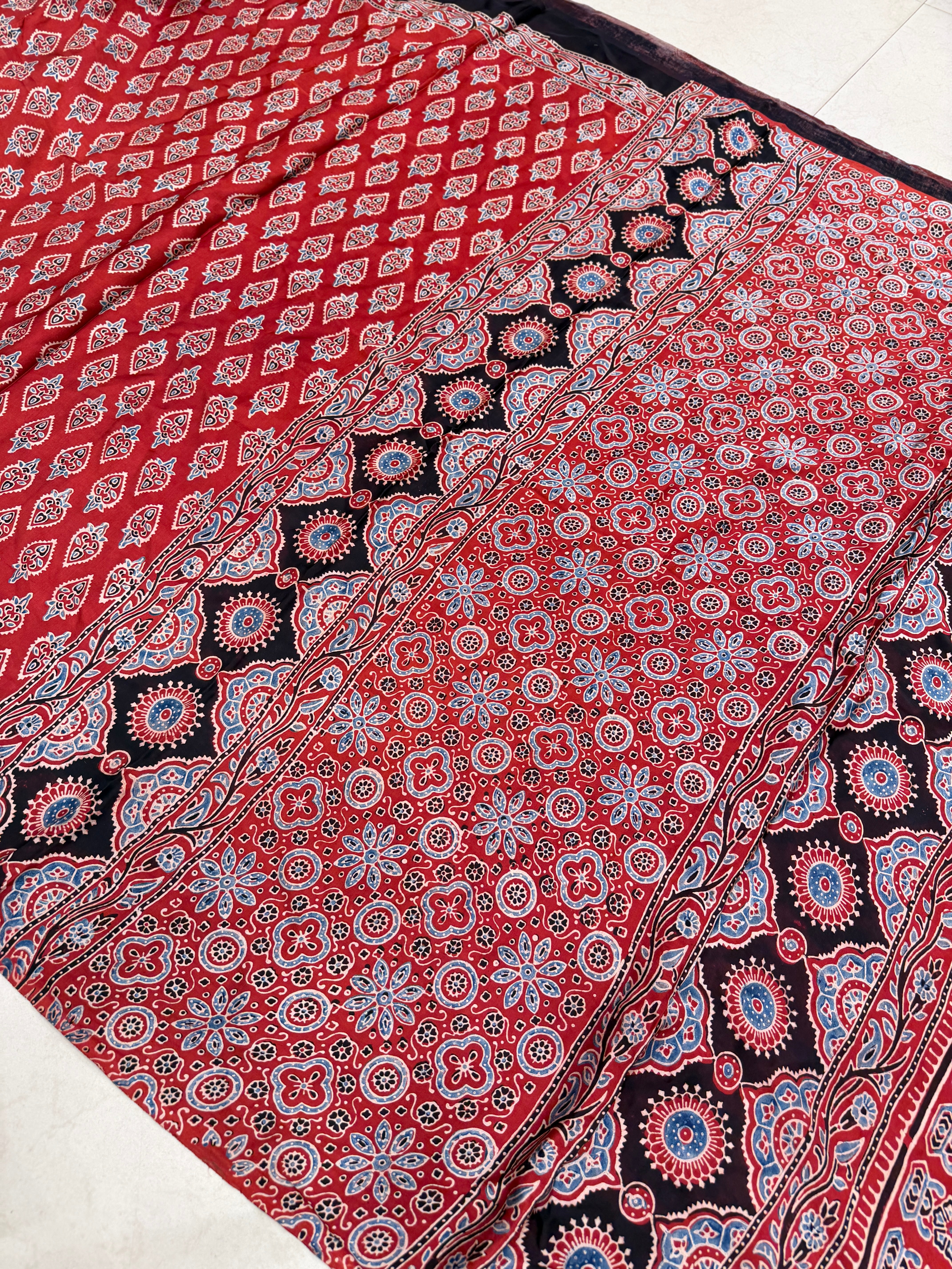 Red Keri Buttis Ajrakh Hand Block Print Pure Gajji Silk Saree
