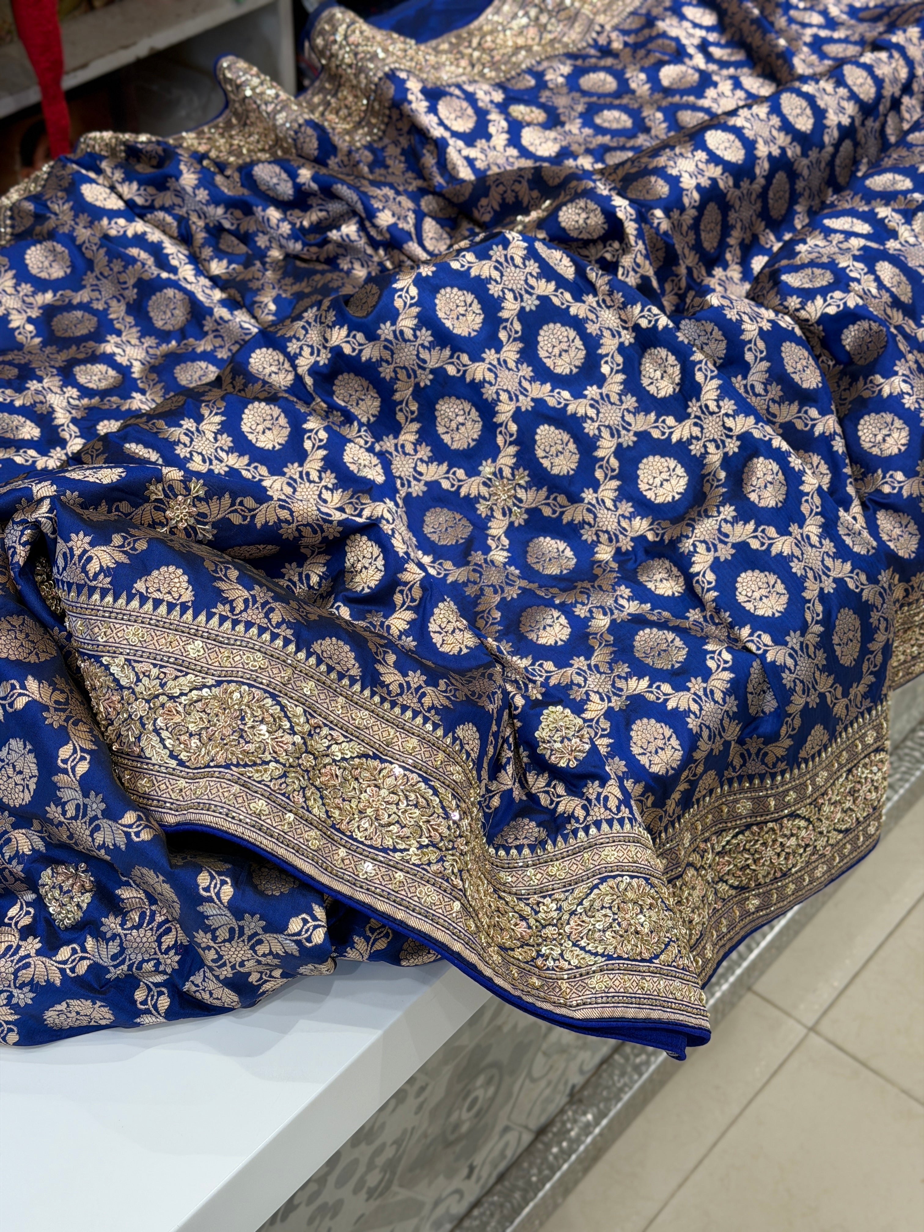Blue Handloom Banarasi Katan Zardosi Hand Embroidery