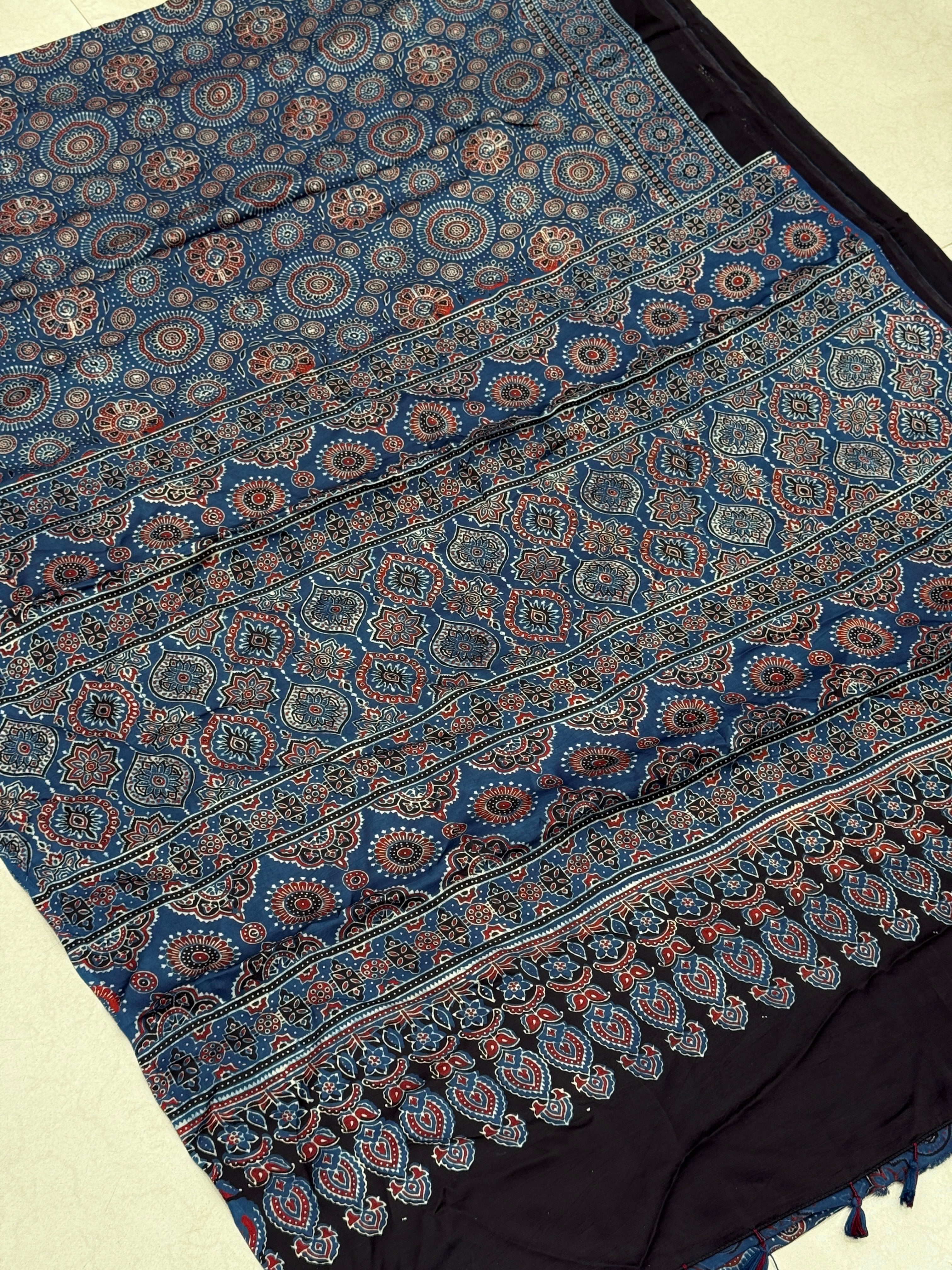 Blue Badam Circle Jaal Ajrakh Block Print Hand Pure Gajji Silk Saree