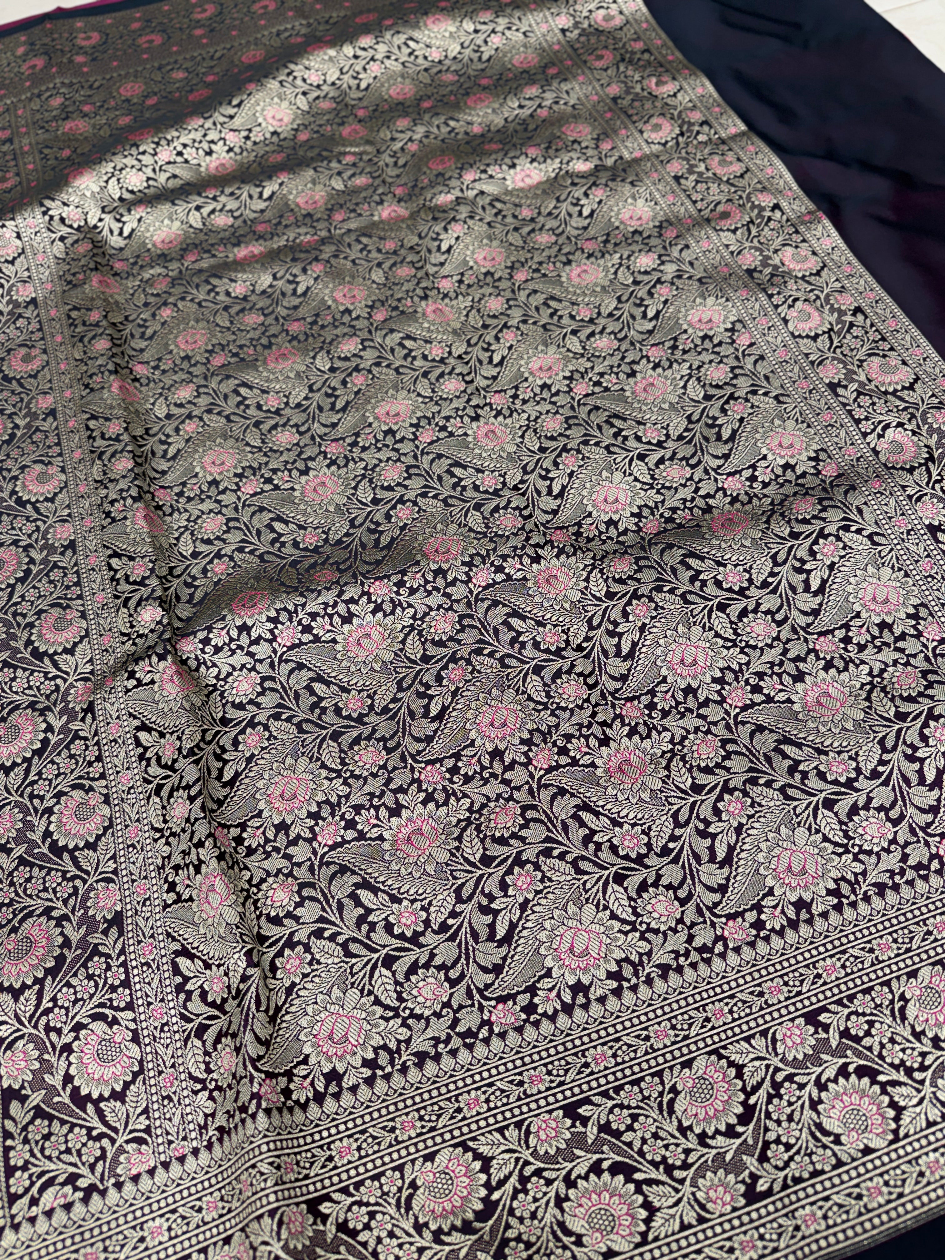 Purple Dhup Chav Banarasi Plain Upside Down Border Saree