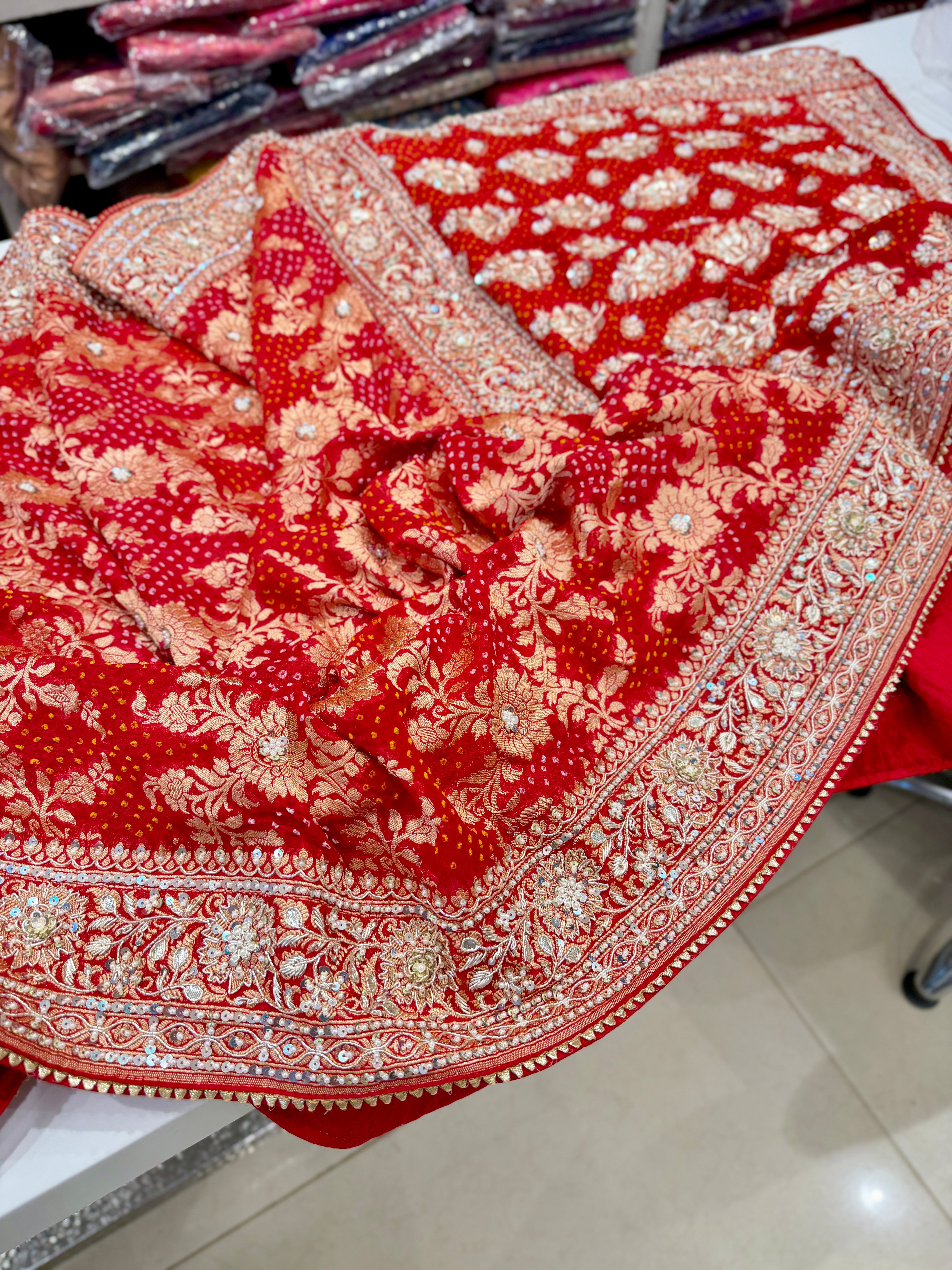 Red Bandhej Zardosi Hand Embroidery Saree