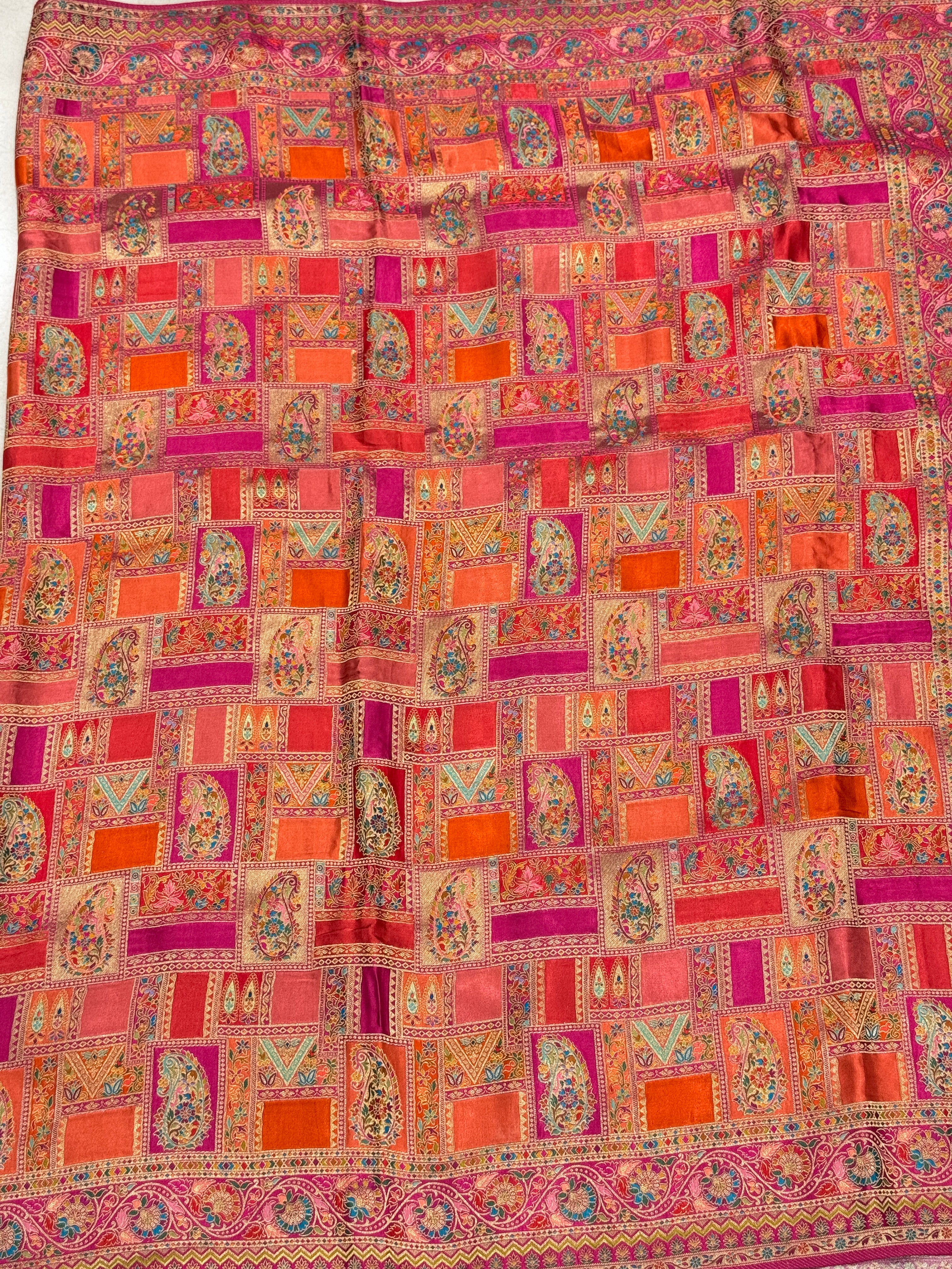 Orange Rani Banarasi Modal Rangkat Satin Checkered Silk Saree