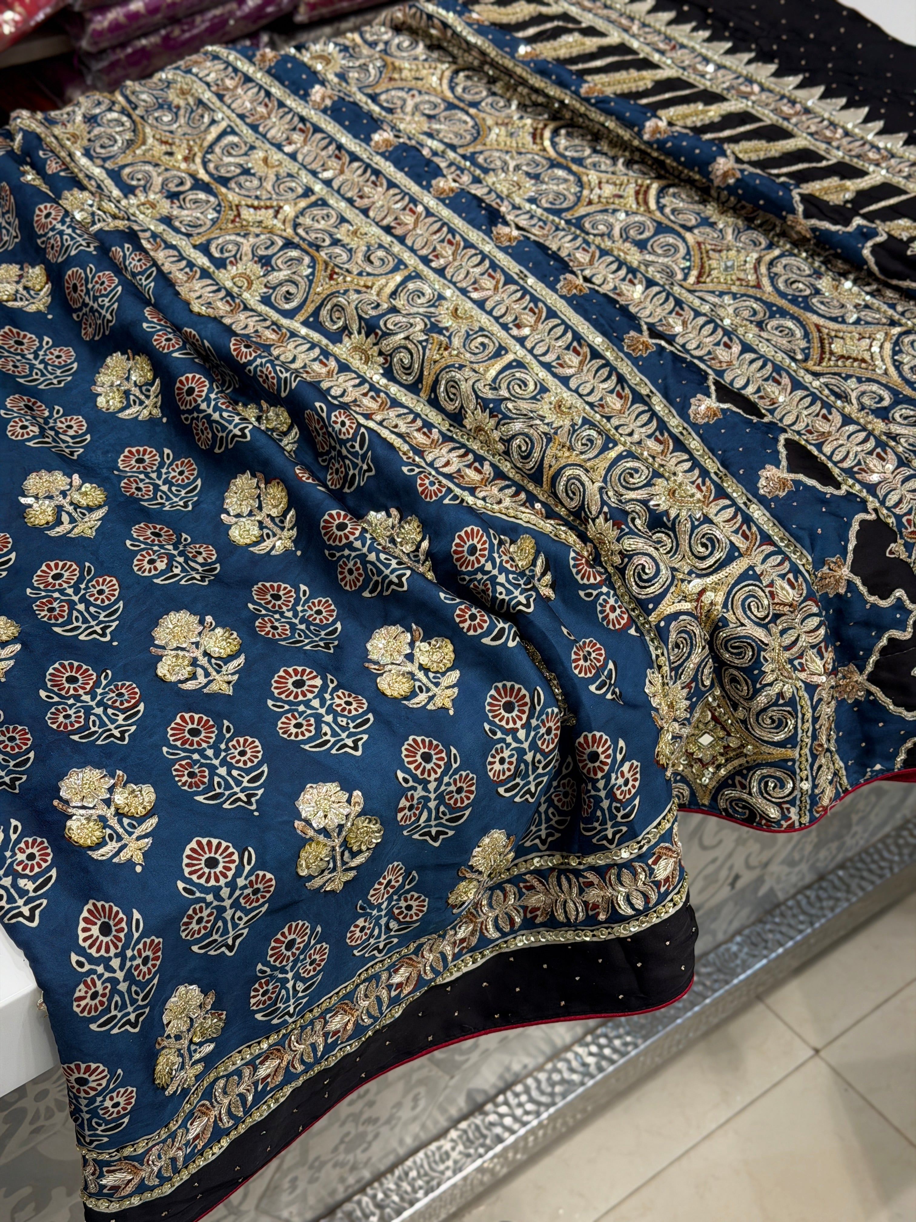 Blue Buttas Pita Zardosi Sequin Ajrakh Hand Embroidery Saree