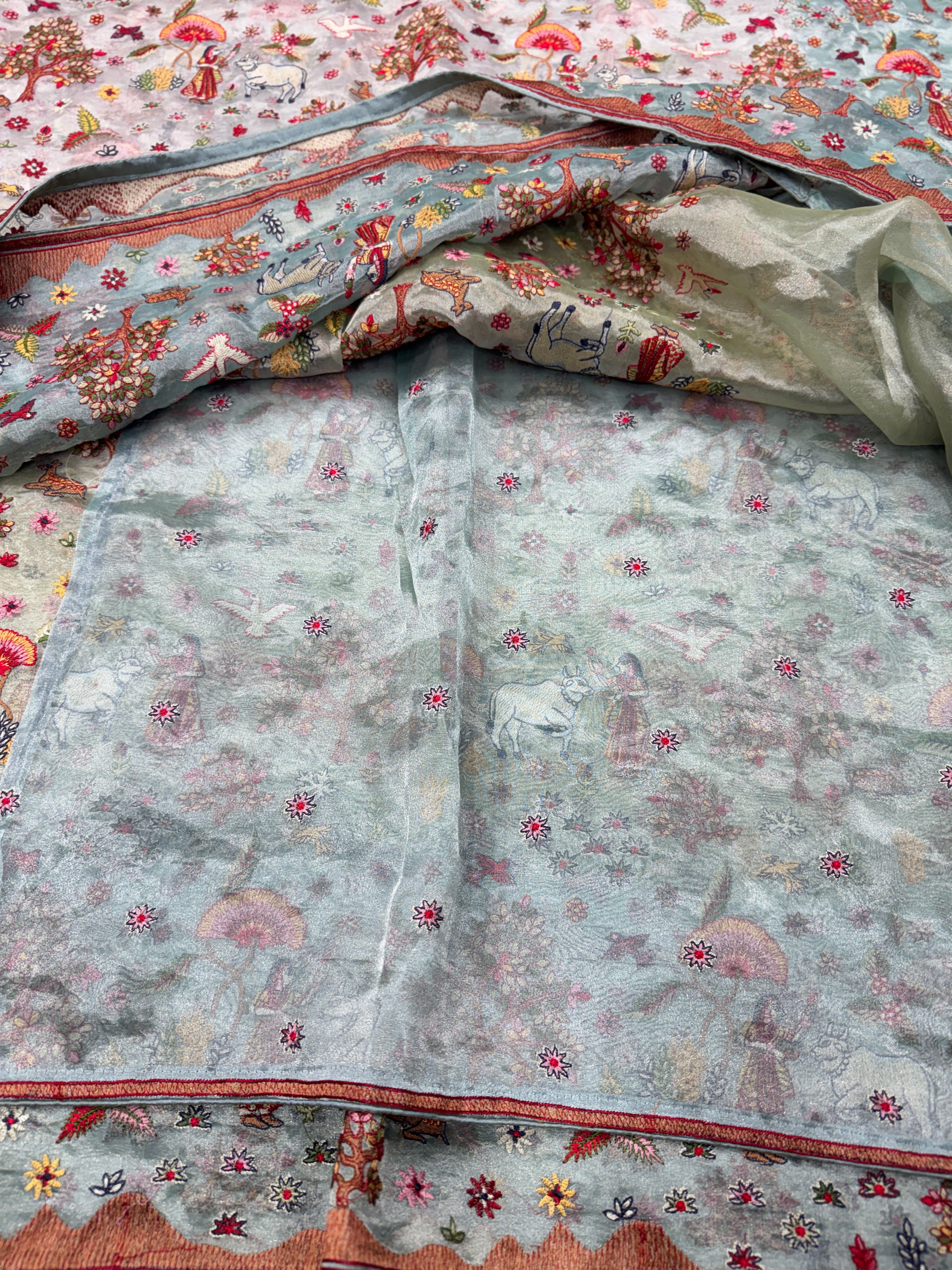 Nita Ambani Inspired Jamdani Style Embroidery Tissue Silk Saree