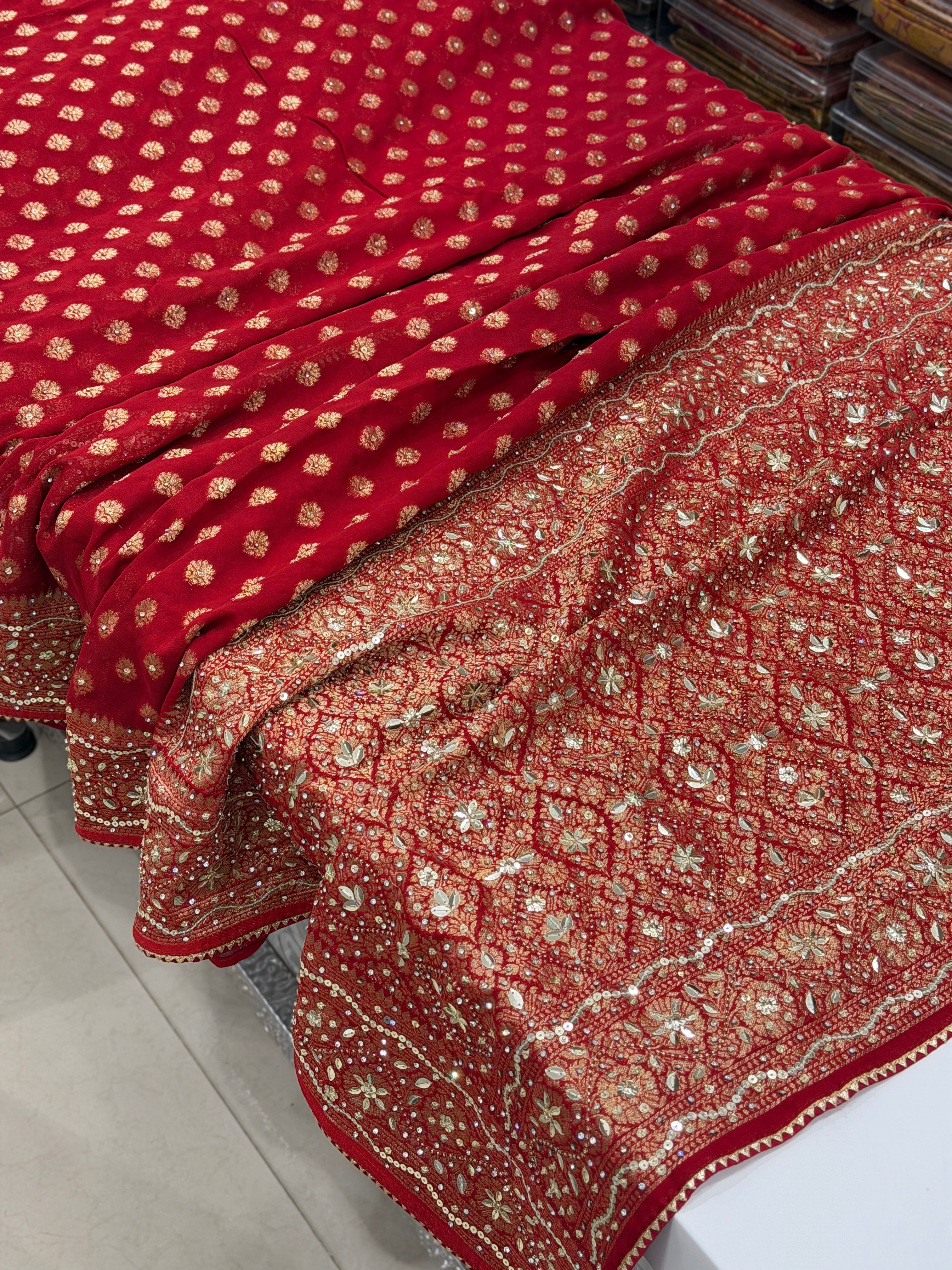 Red Banarasi Khaddi Georgette Butti Sequin Hand Embroidery Saree