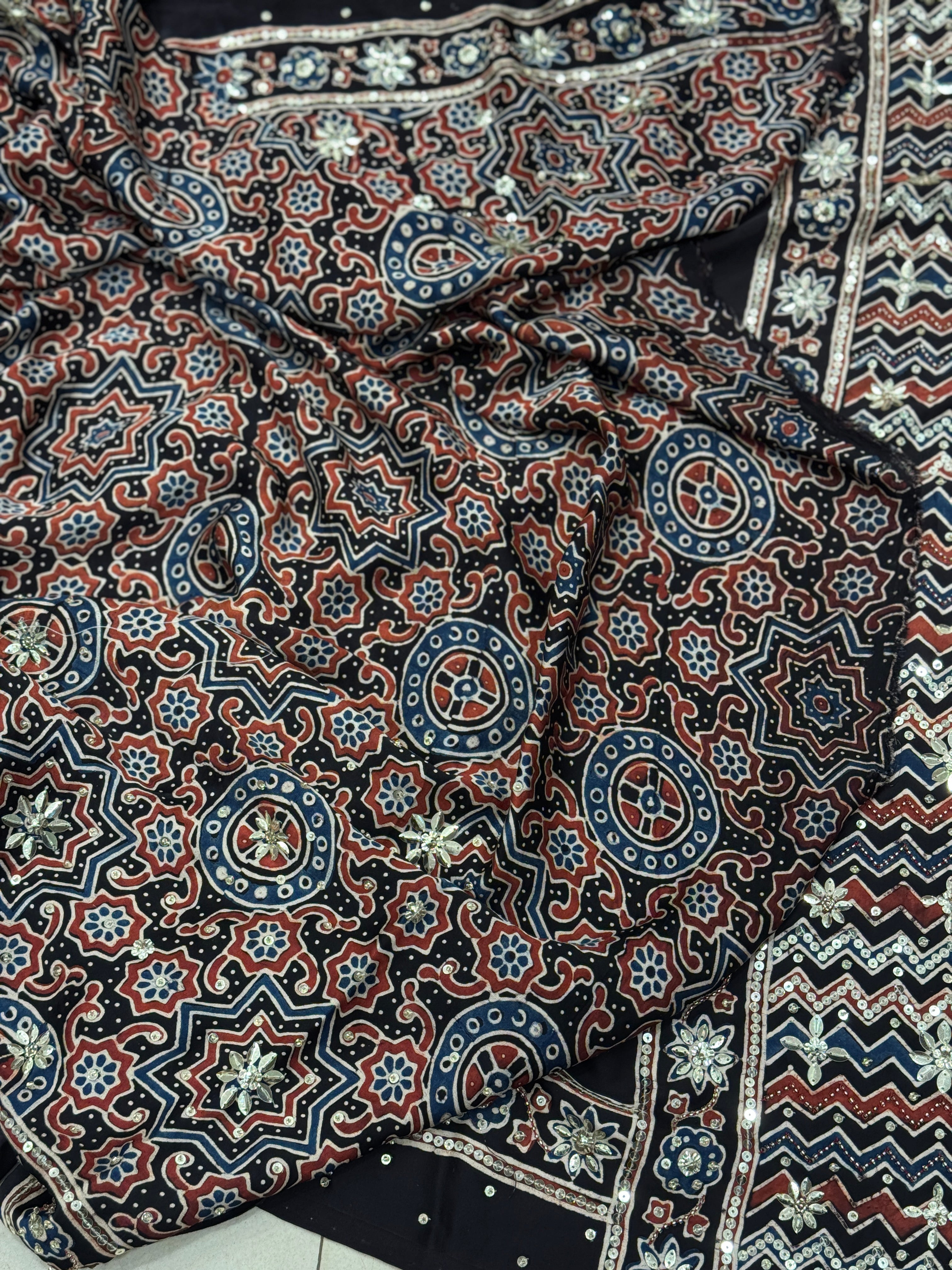 Black Ajrakh Badam Butta Moti Sequin Ajrakh Hand Embroidery Saree