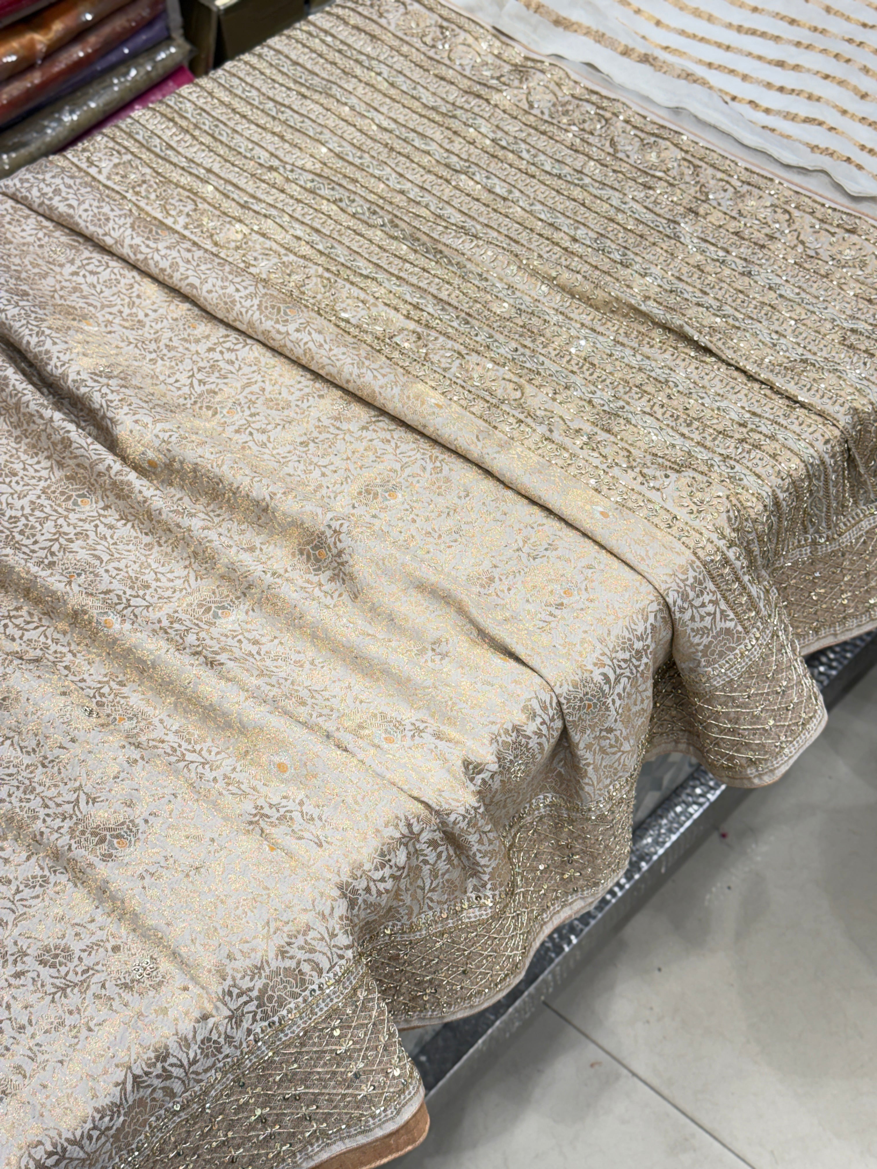 Beige Banarasi Crepe Tissue Zardosi Hand Embroidery Saree