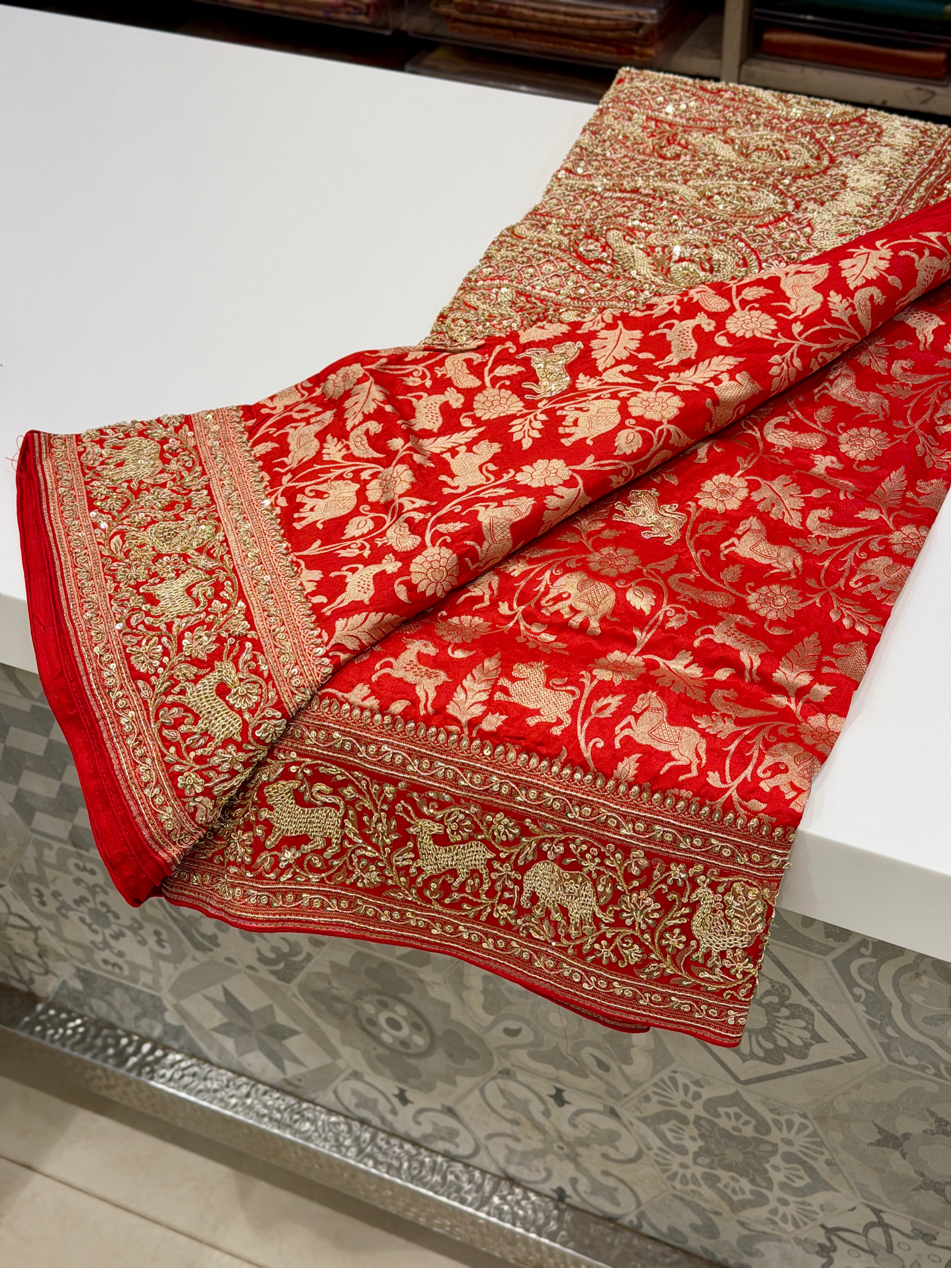 Red Banarasi Shikara Zardosi Hand Embroidery Saree