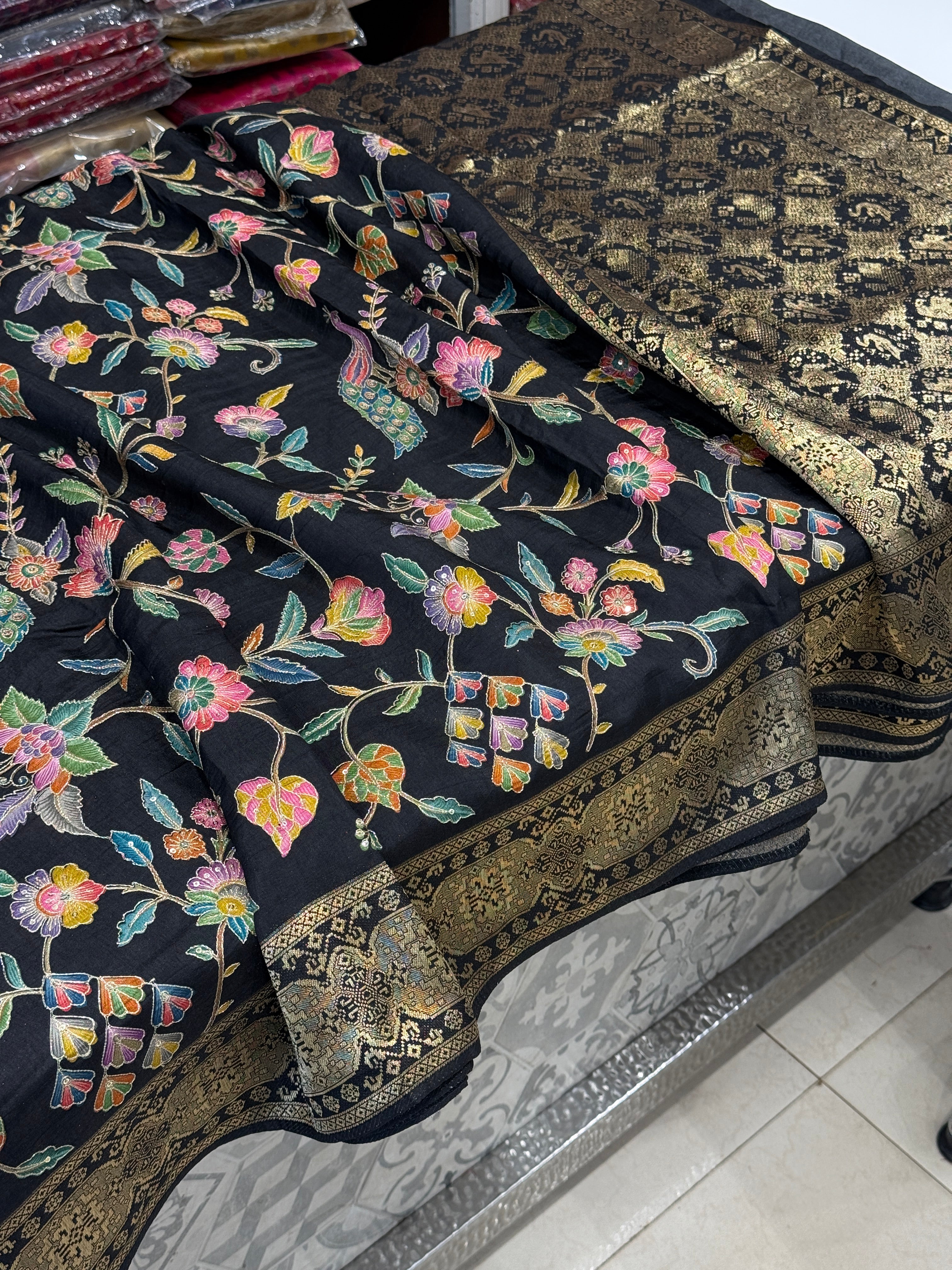 Black Banarasi Munga Silk Saree With Pita Embroidery