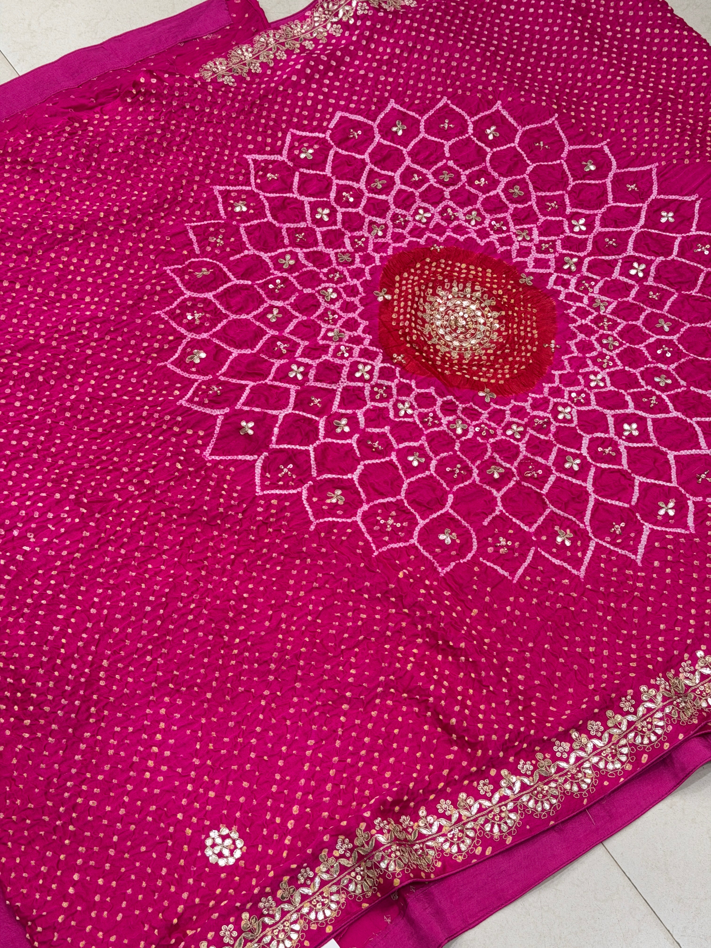 Rani Pink Gajji Silk Rai Bandhej Hand Done Gotapatti Saree