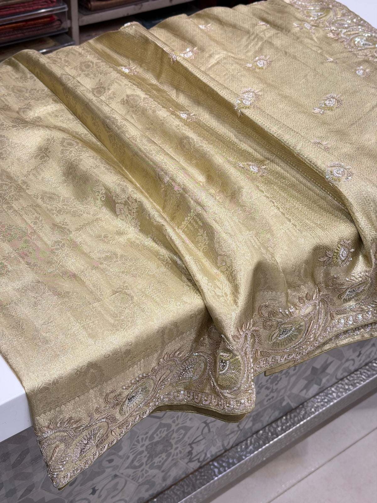 Golden Floral Jaal Kanjivaram Moti Zardosi Hand Embroidery Saree