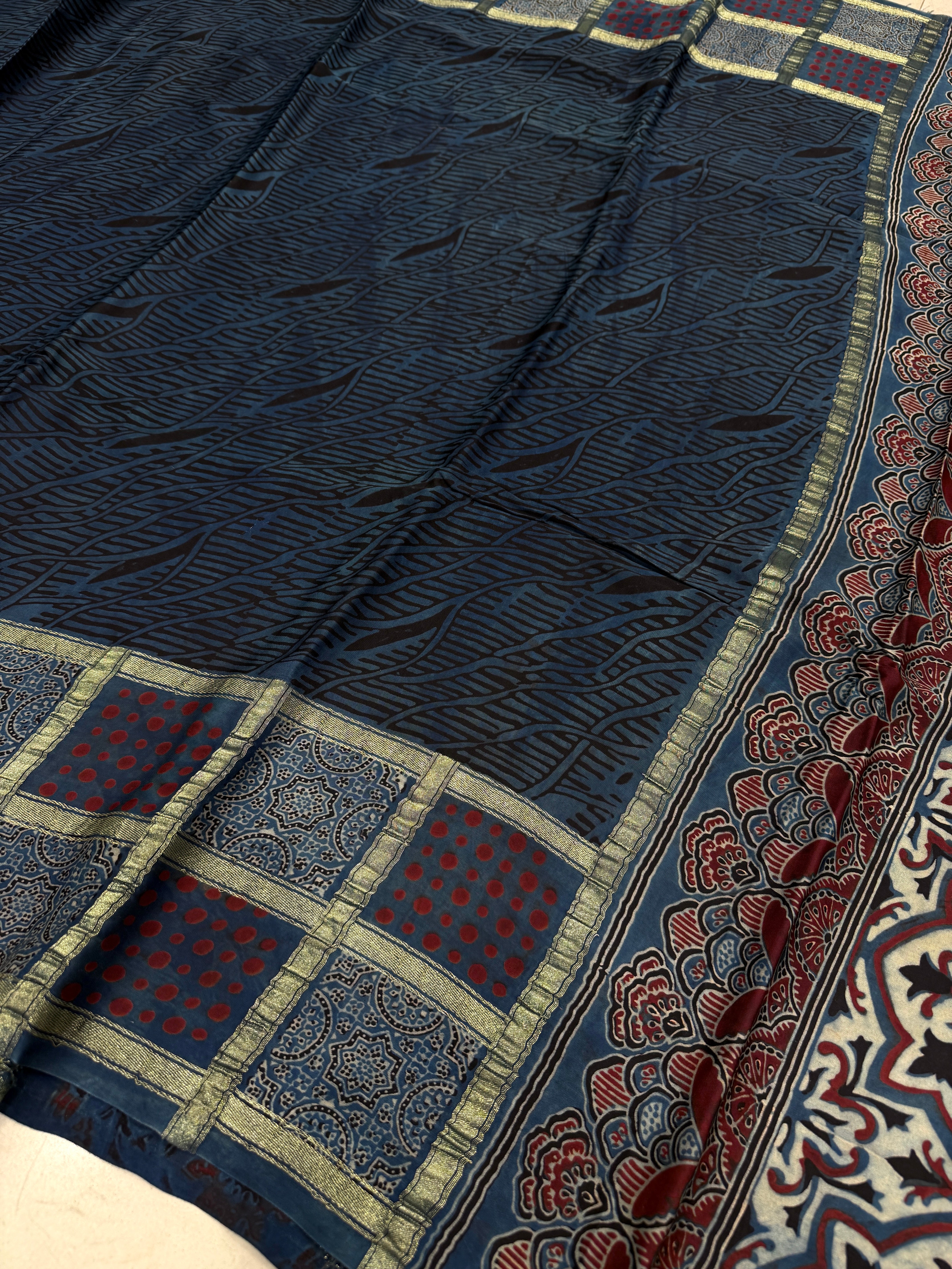 Blue Checks Red Dotts Lagdipatta Ajrakh Hand Block Print Pure Modal Silk Saree