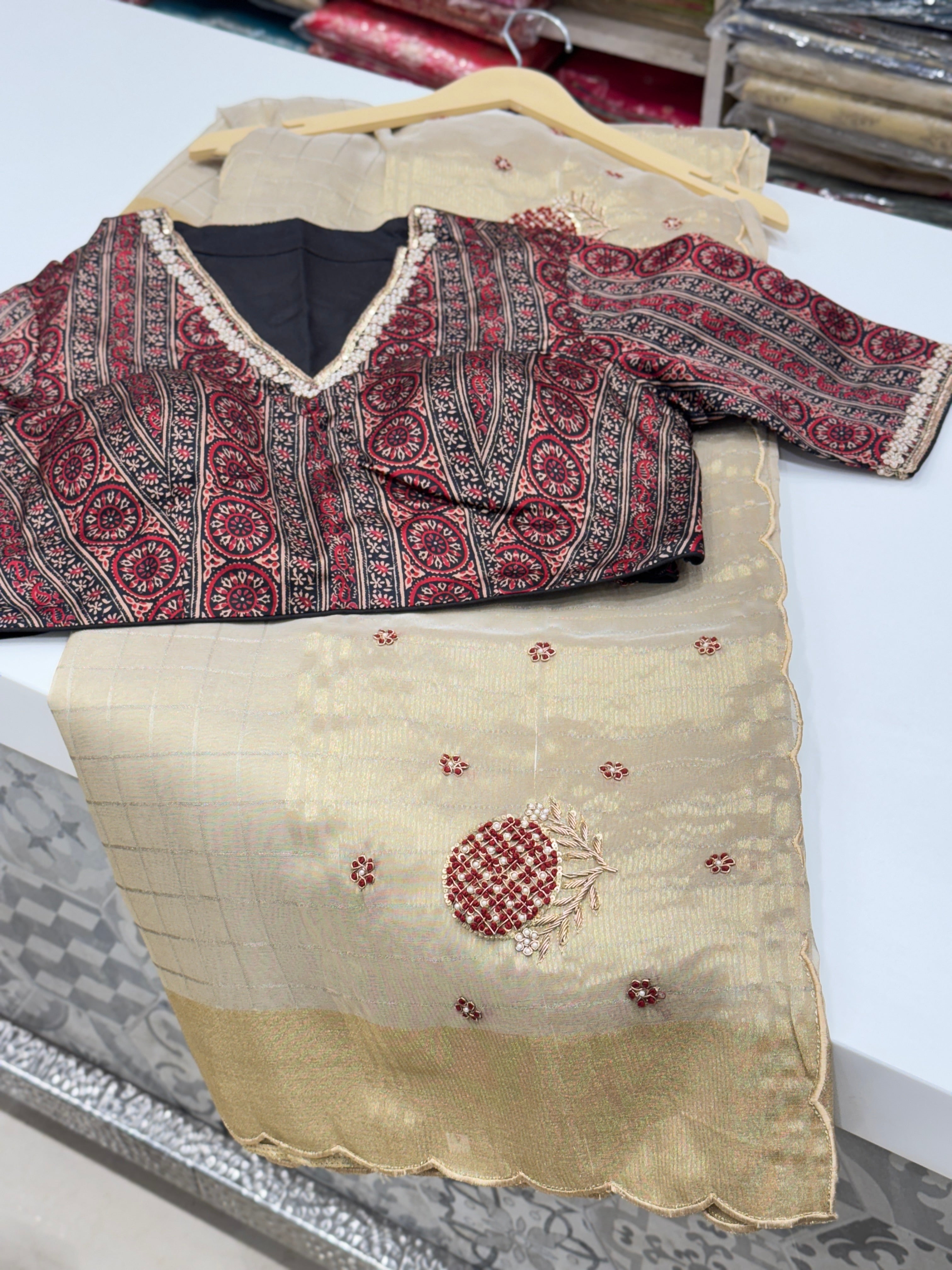 Golden Tissue With Ajrakh Ready Blouse Hand Embroidery