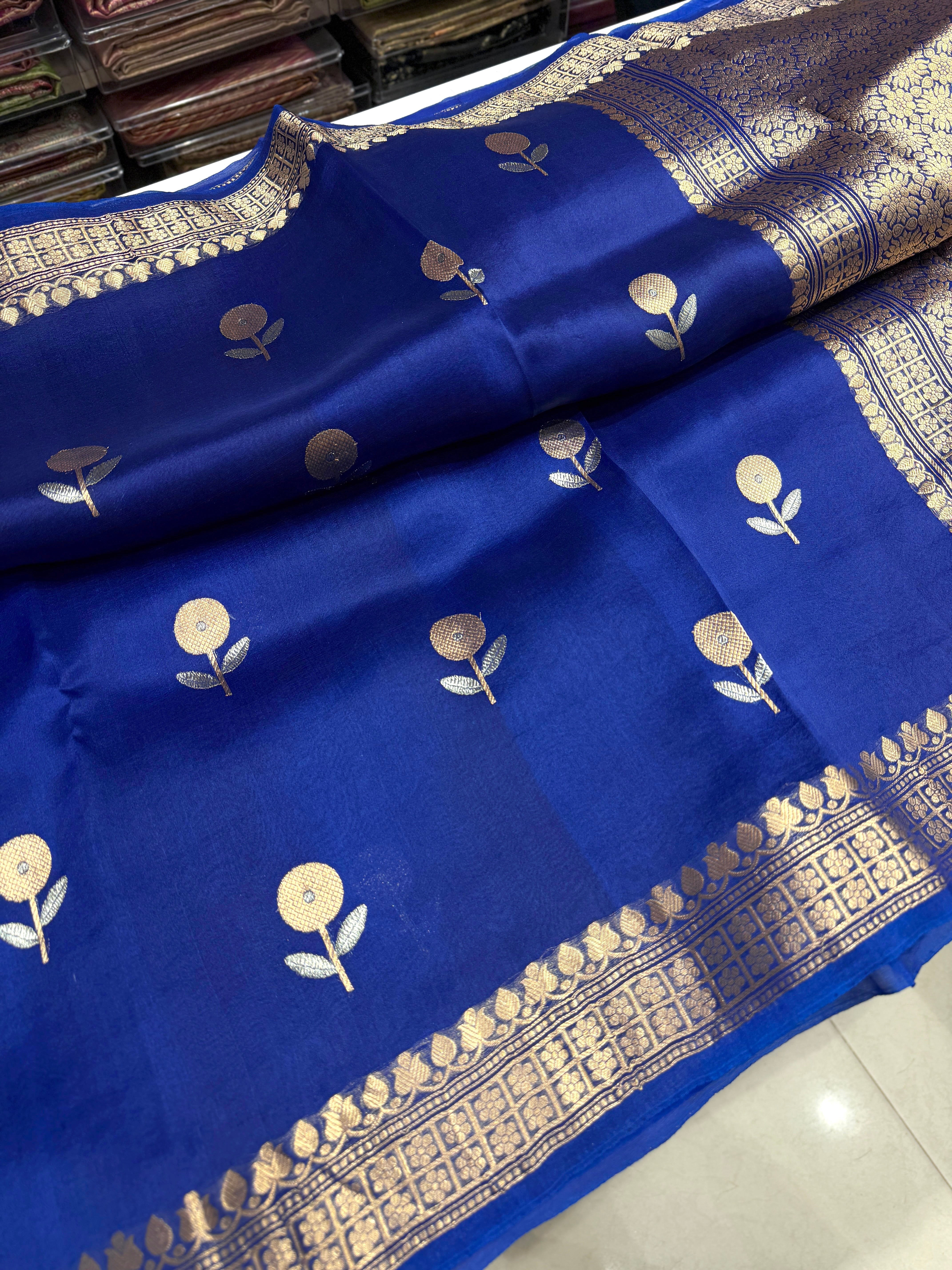 Blue Banarasi Handloom Kora Sona Roopa Butta Saree