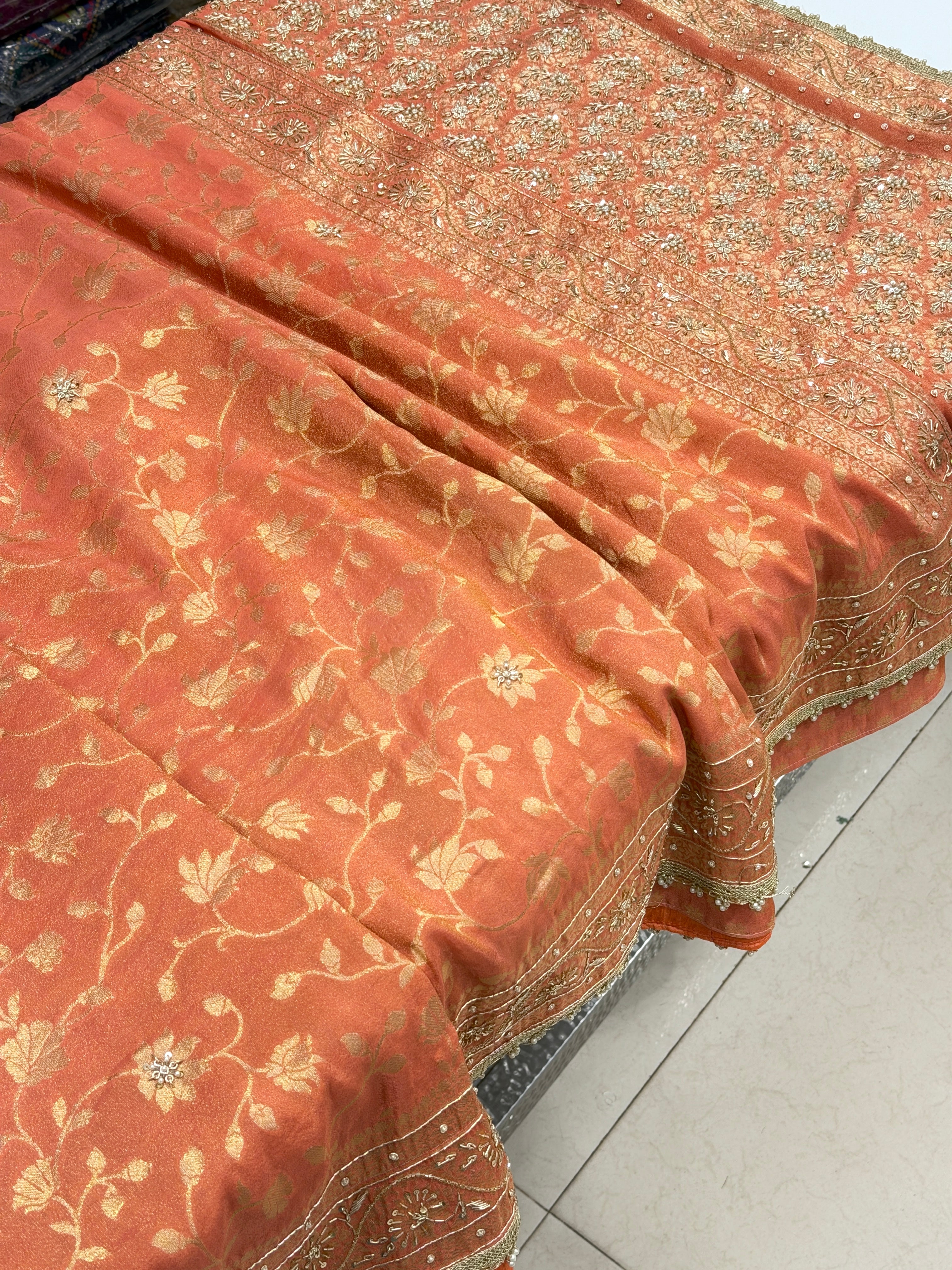 Rust Crepe Tissue Banarasi Weaved Zardosi Hand Embroidery Saree