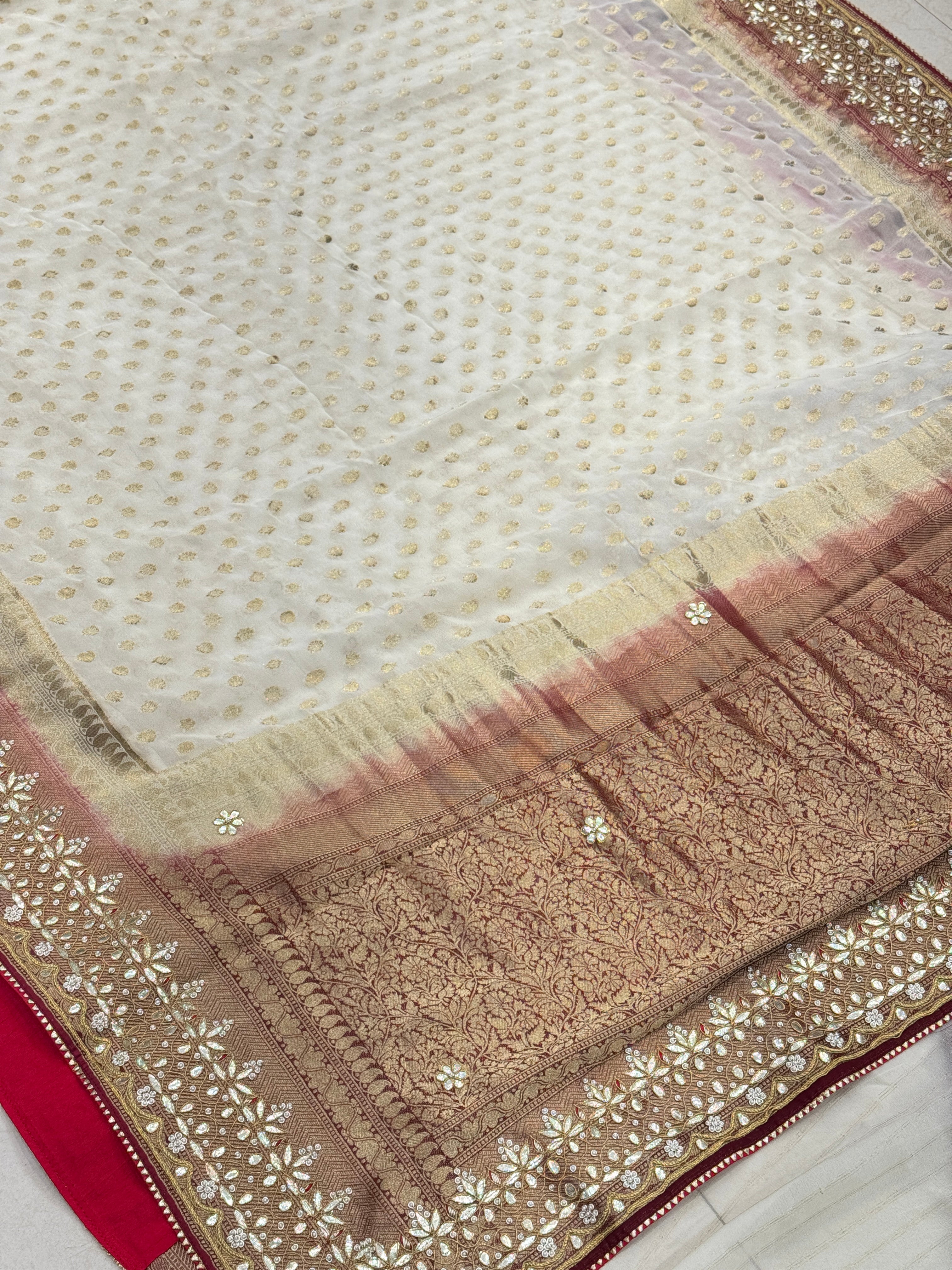 Beige Maroon Buttis Georgette Gotapatti Saree