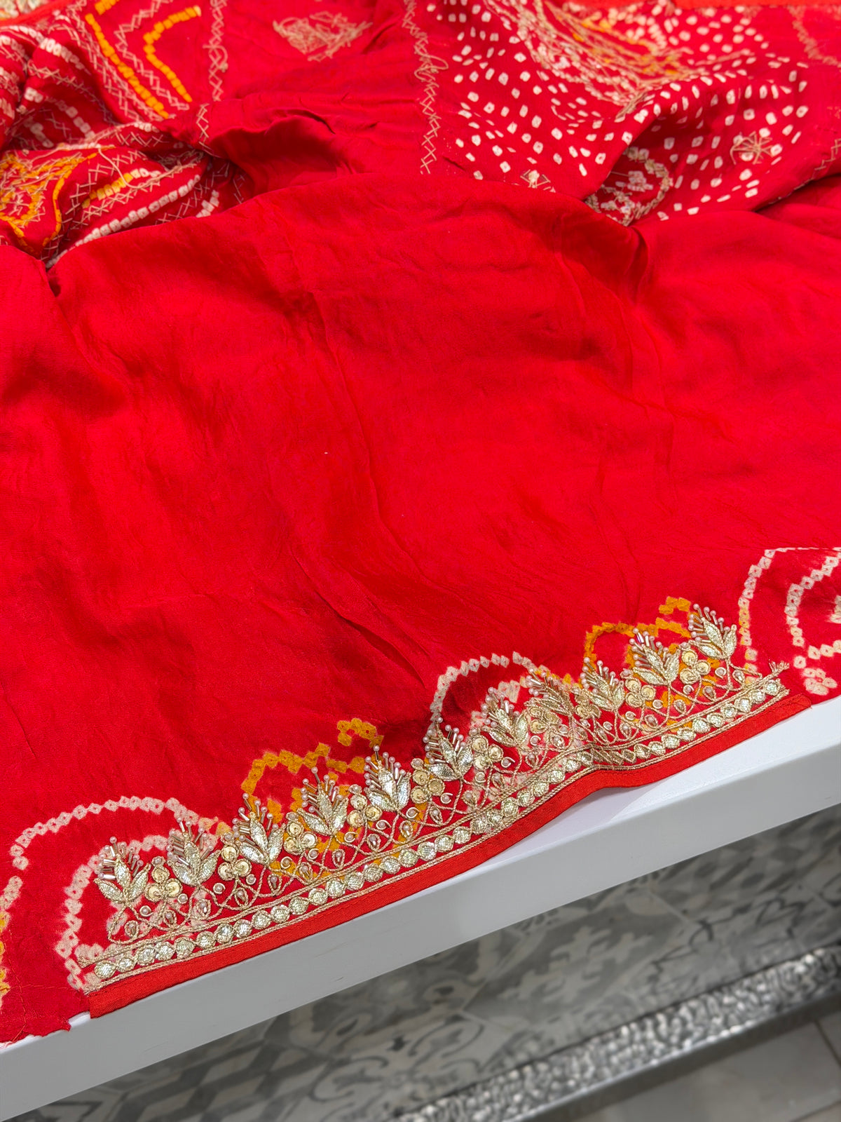 Red Jaal Faabiiana Inspired Gajji Silk Rai Bandhej Gotapatti Marodi Hand Embroidery Saree