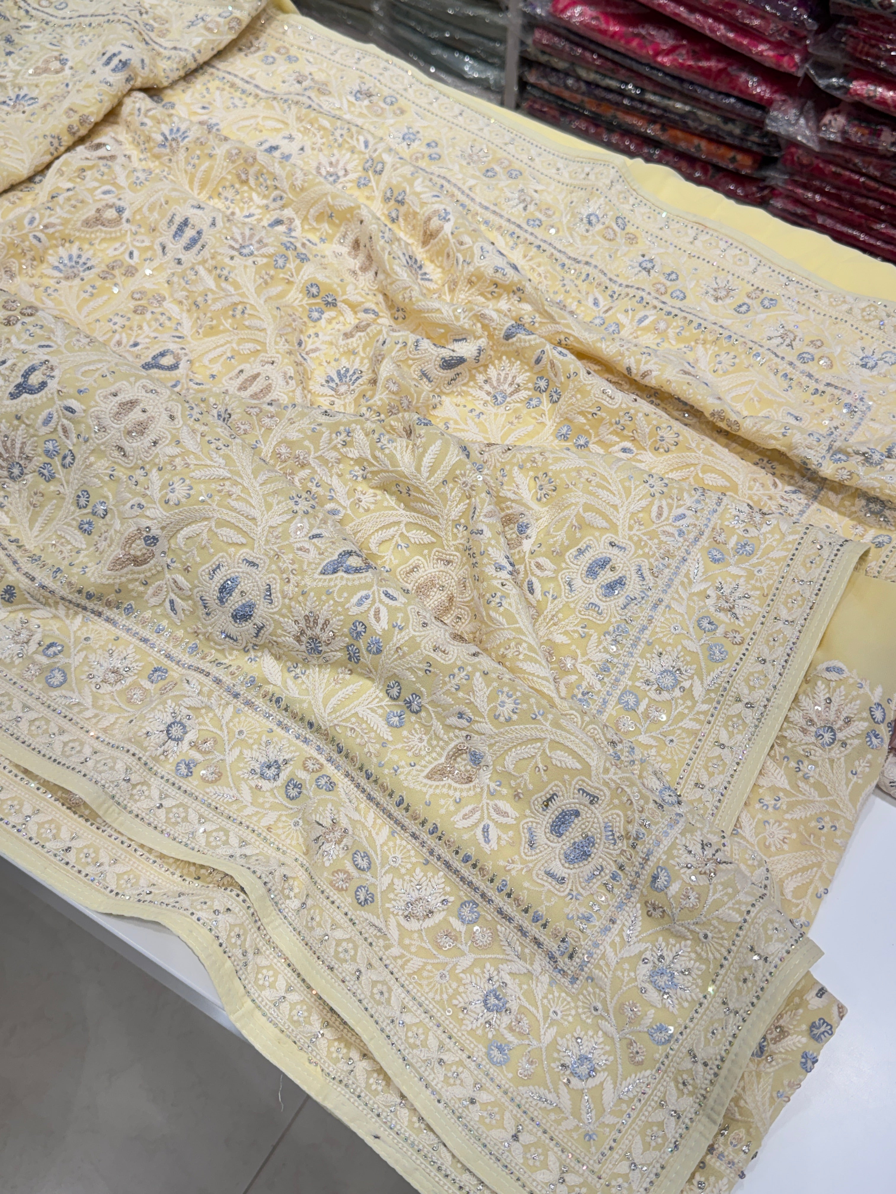 Yellow Chikankari Saree Floral Design