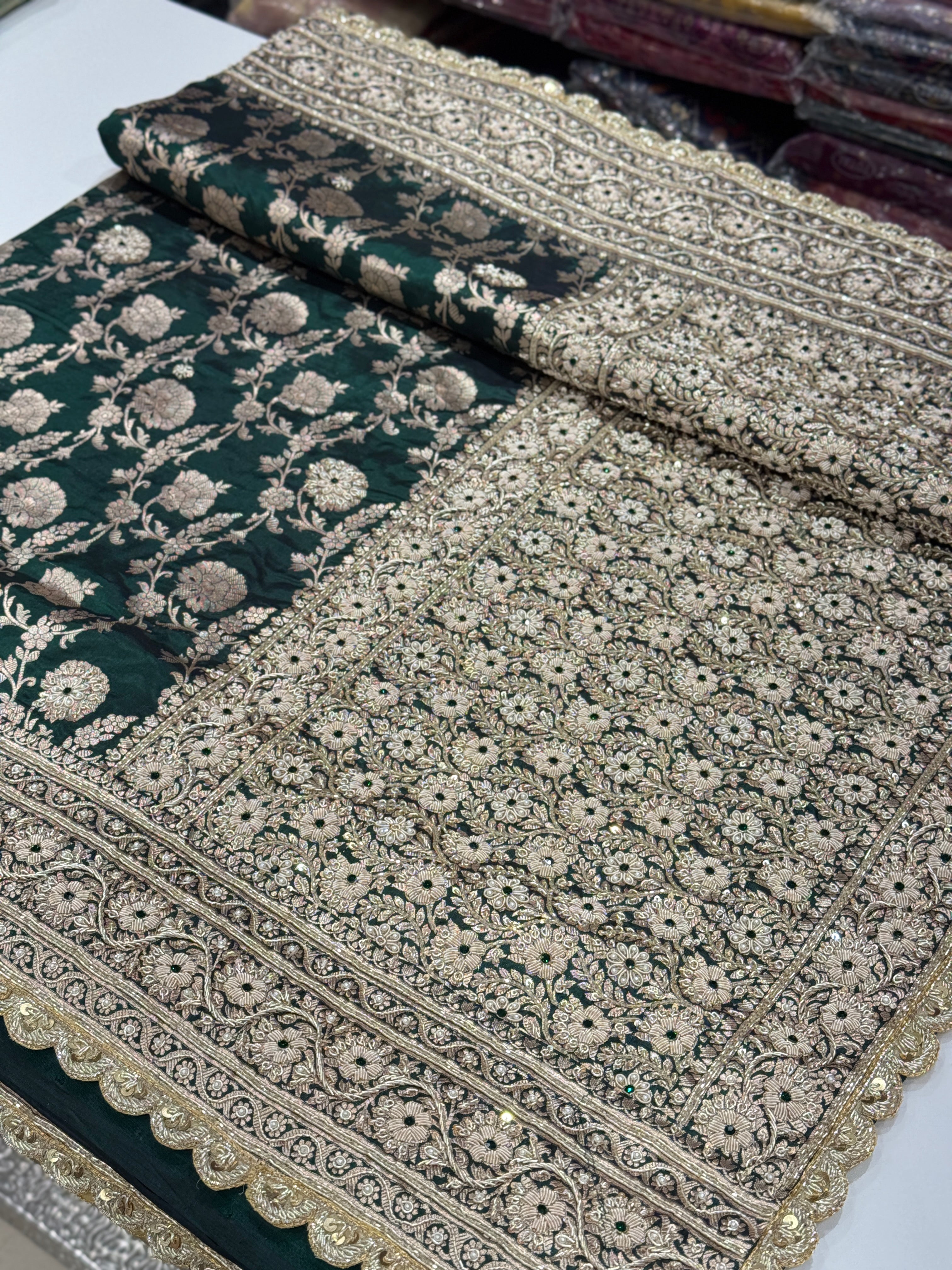 Bottle Green Handloom Banarasi Katan Jaal Zardosi Embroidery Saree