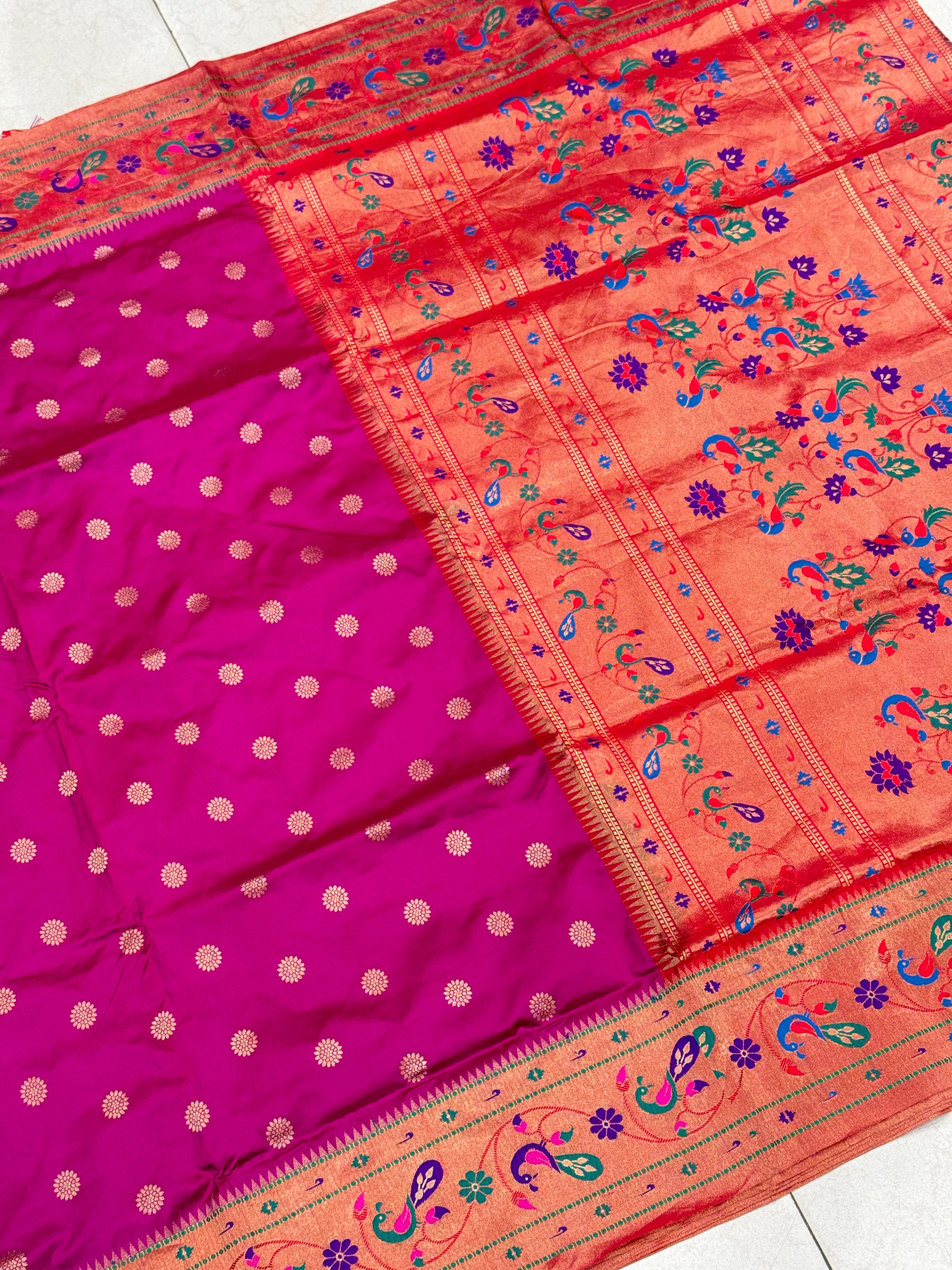 Cross Violet Butti Pure Silk Paithani Saree