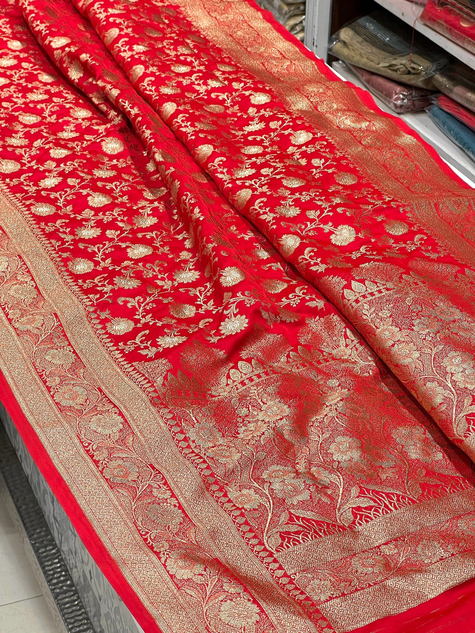 Red Banarasi Silk Small Jaal Saree