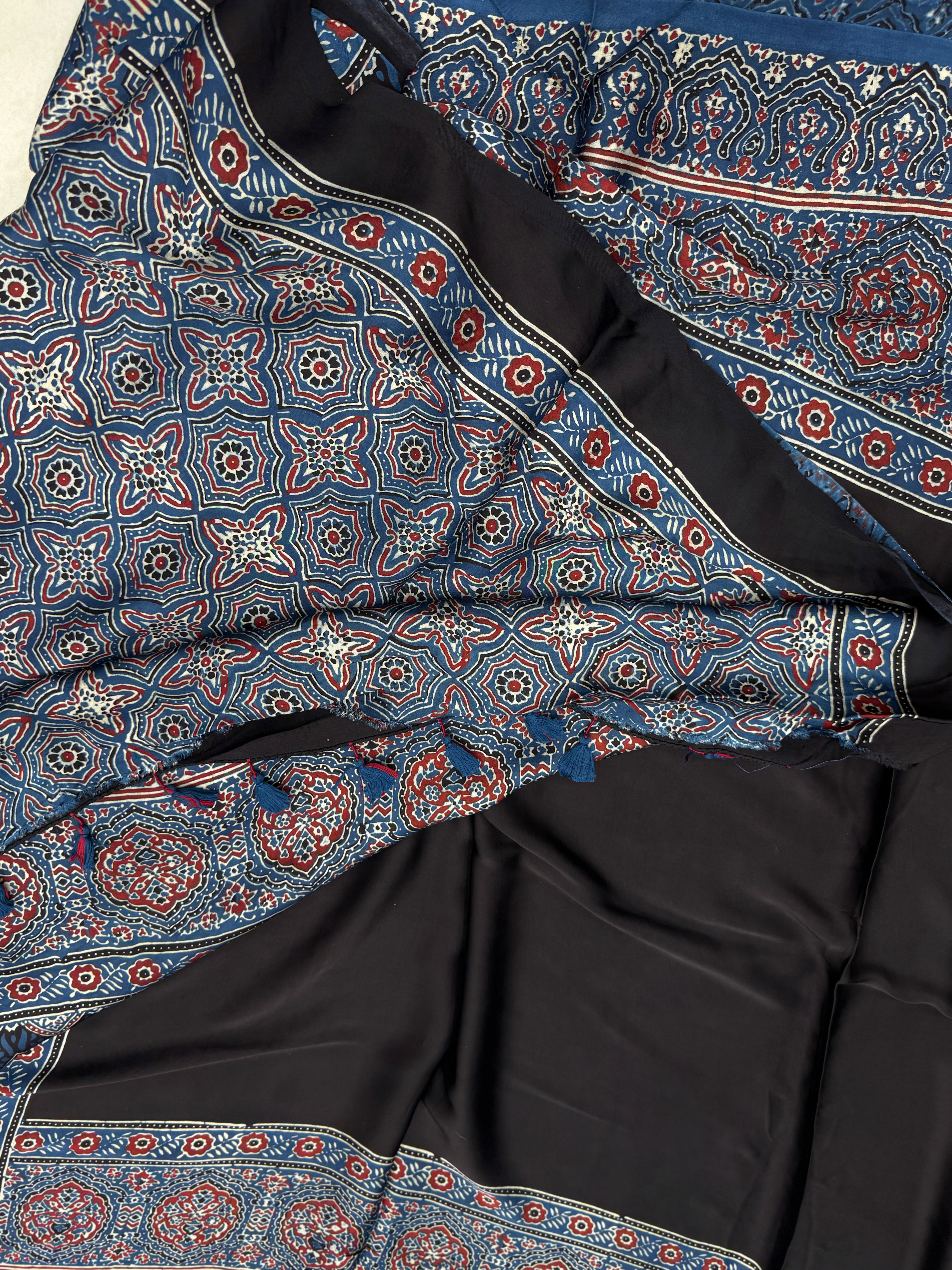 Black Plain Border Hand Block Print Ajrkah Pure Gajji Silk Saree