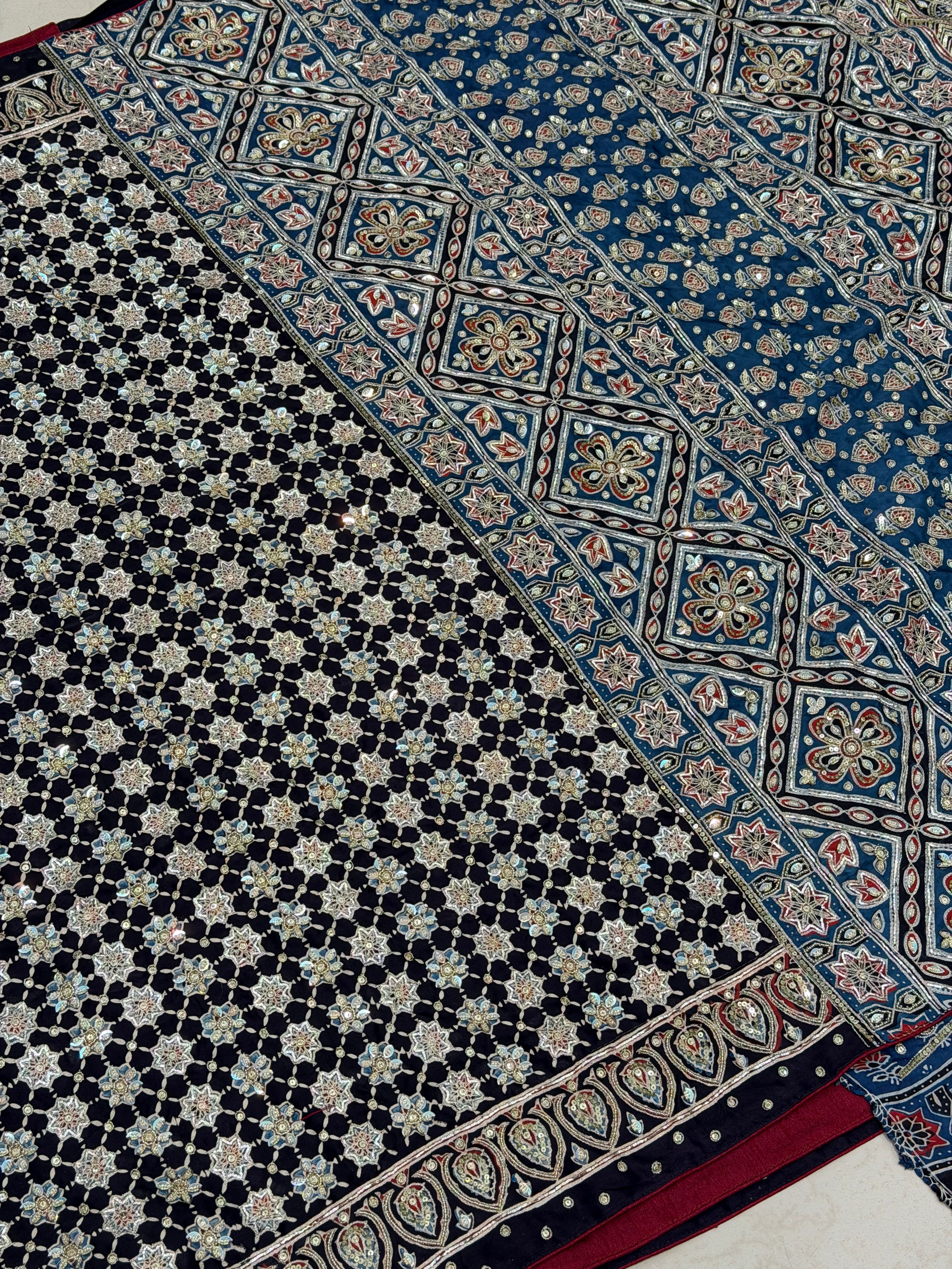 Black Floral Jaal Pita Sequin Ajrakh Hand Embroidery Saree