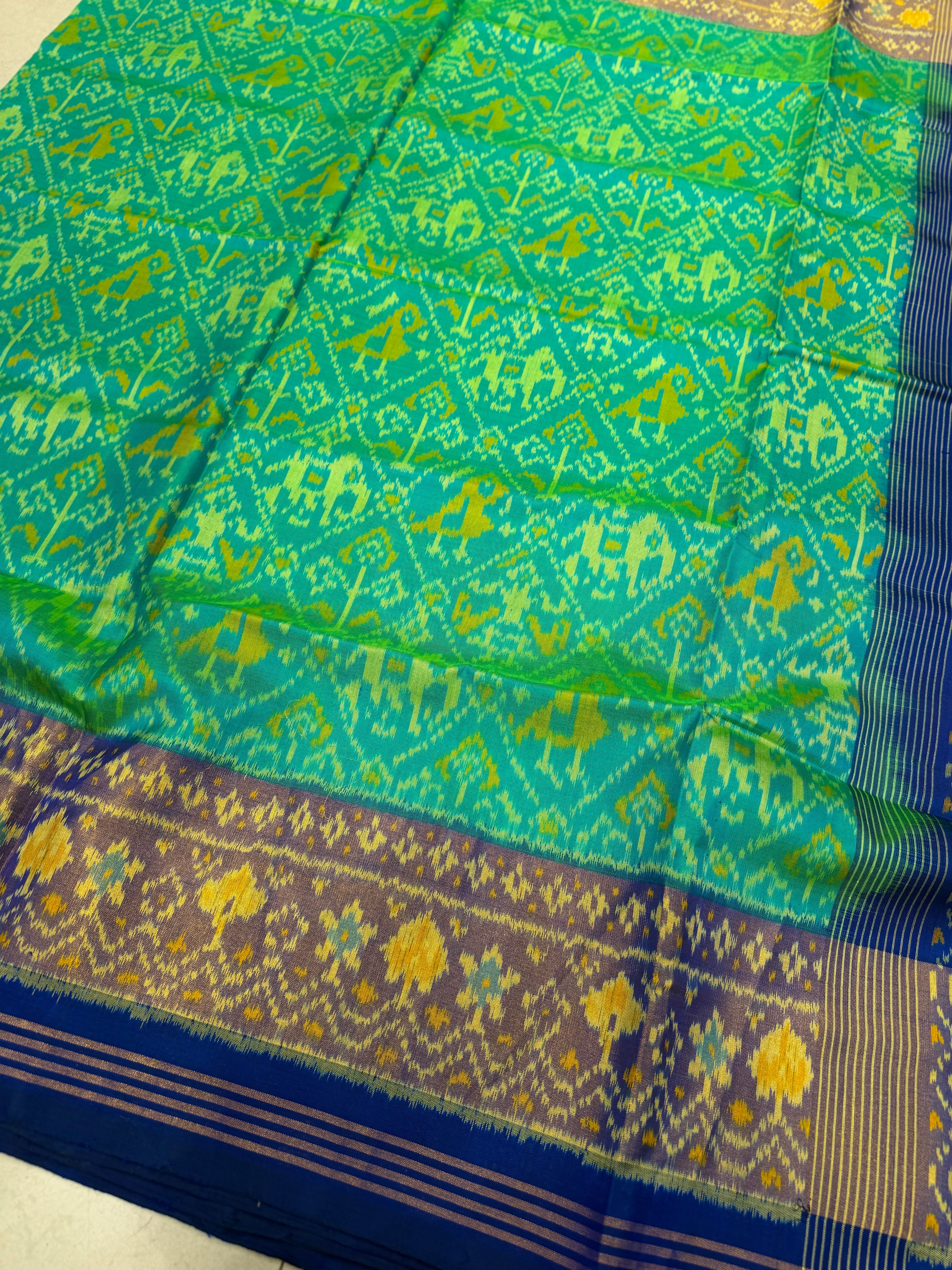 Rama Green with Blue Handloom Rajot Ikat Patola Silk Saree