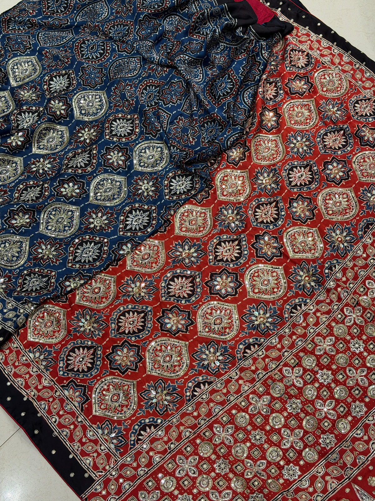 Red Blue Half Half Badam Jaal Pita Zardosi Sequin Ajrakh Hand Embroidery Saree