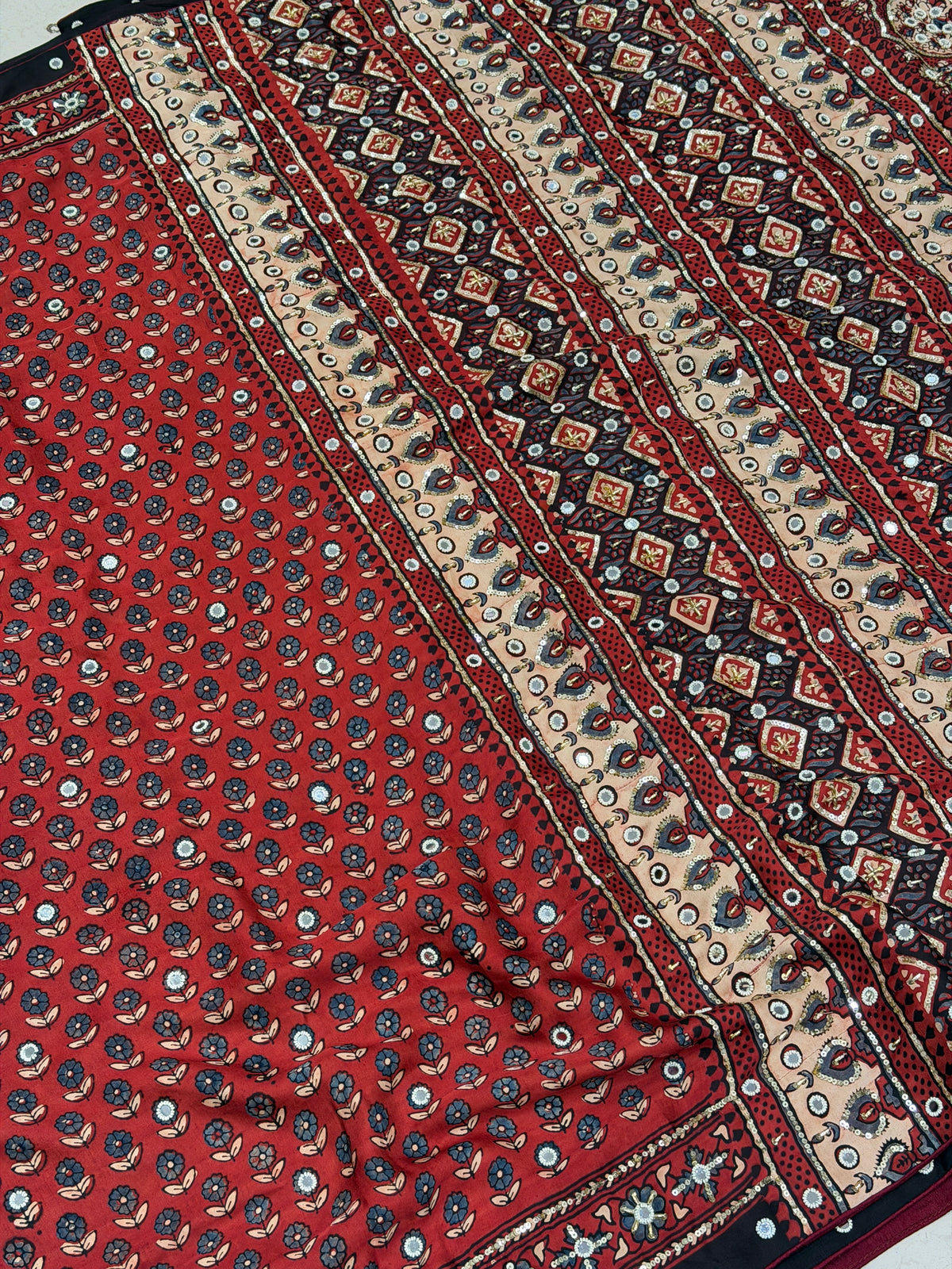 Red Jaal Ajrakh Real Mirror Moti Sequin Hand Embroidery Saree