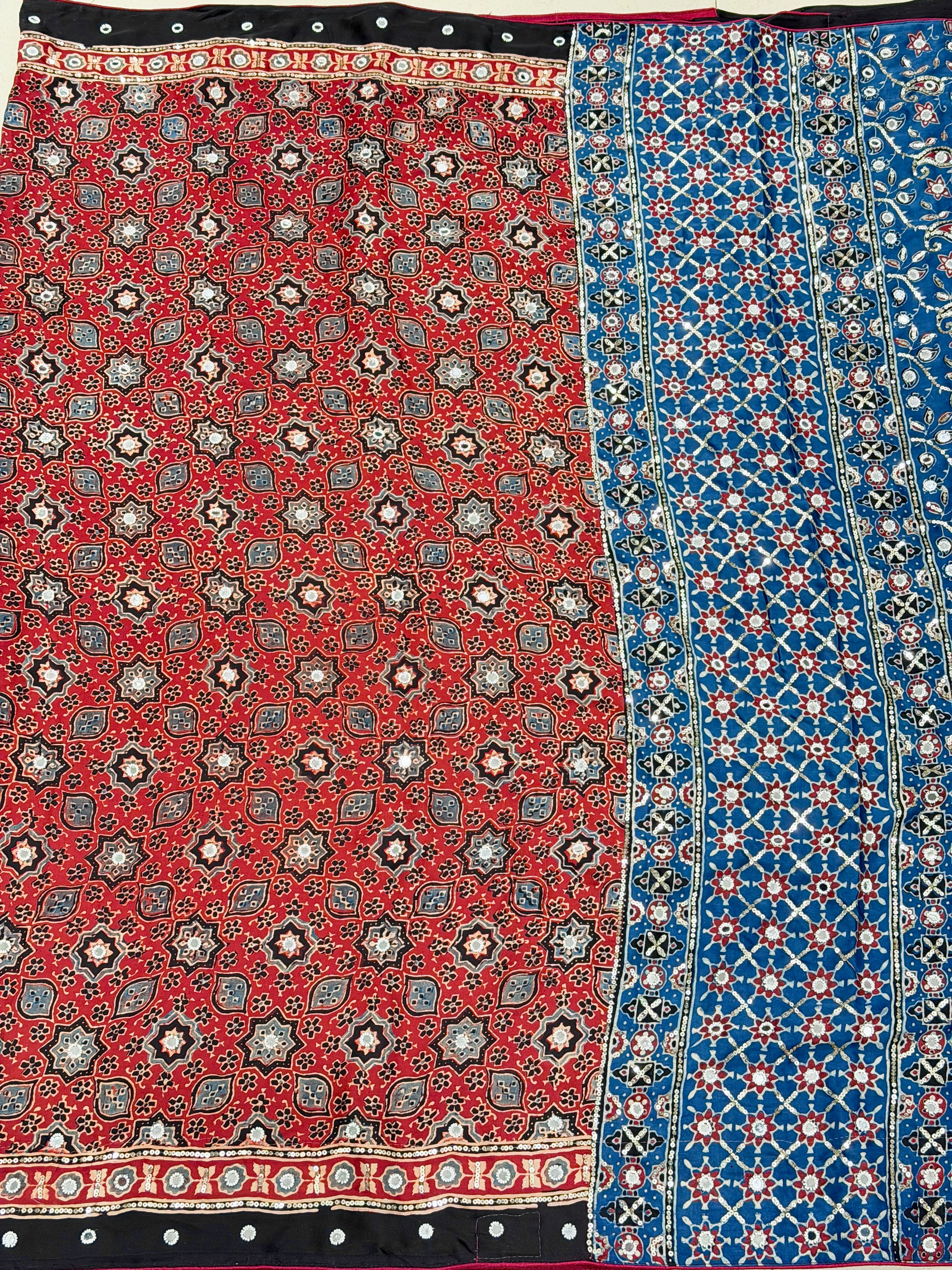 Red Blue Jaal Ajrakh Real Mirror Moti Sequin Hand Embroidery Saree