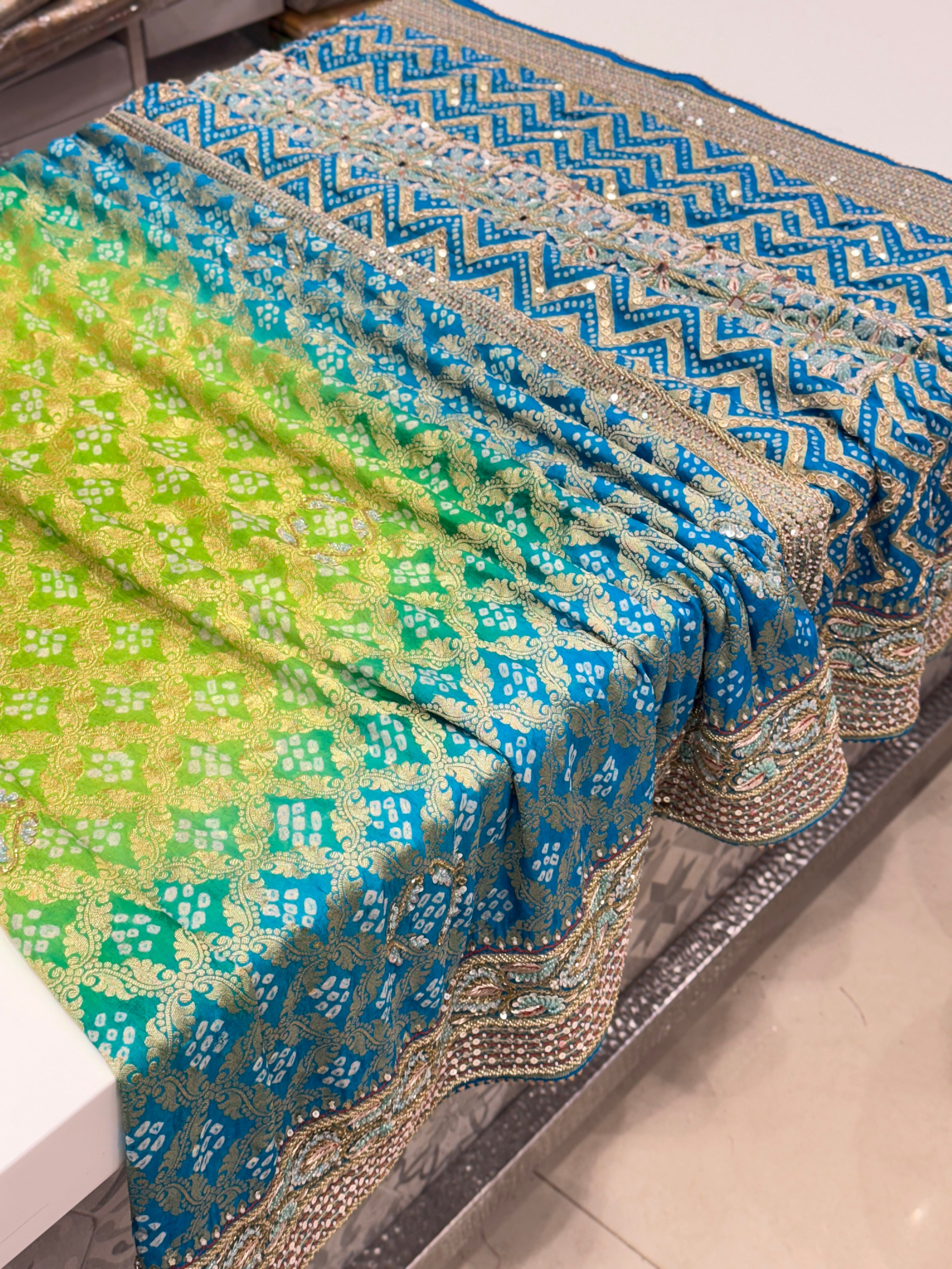 Jhanvi Kapoor Inspired Shaded Green Hand Embroidery Bandhej Saree